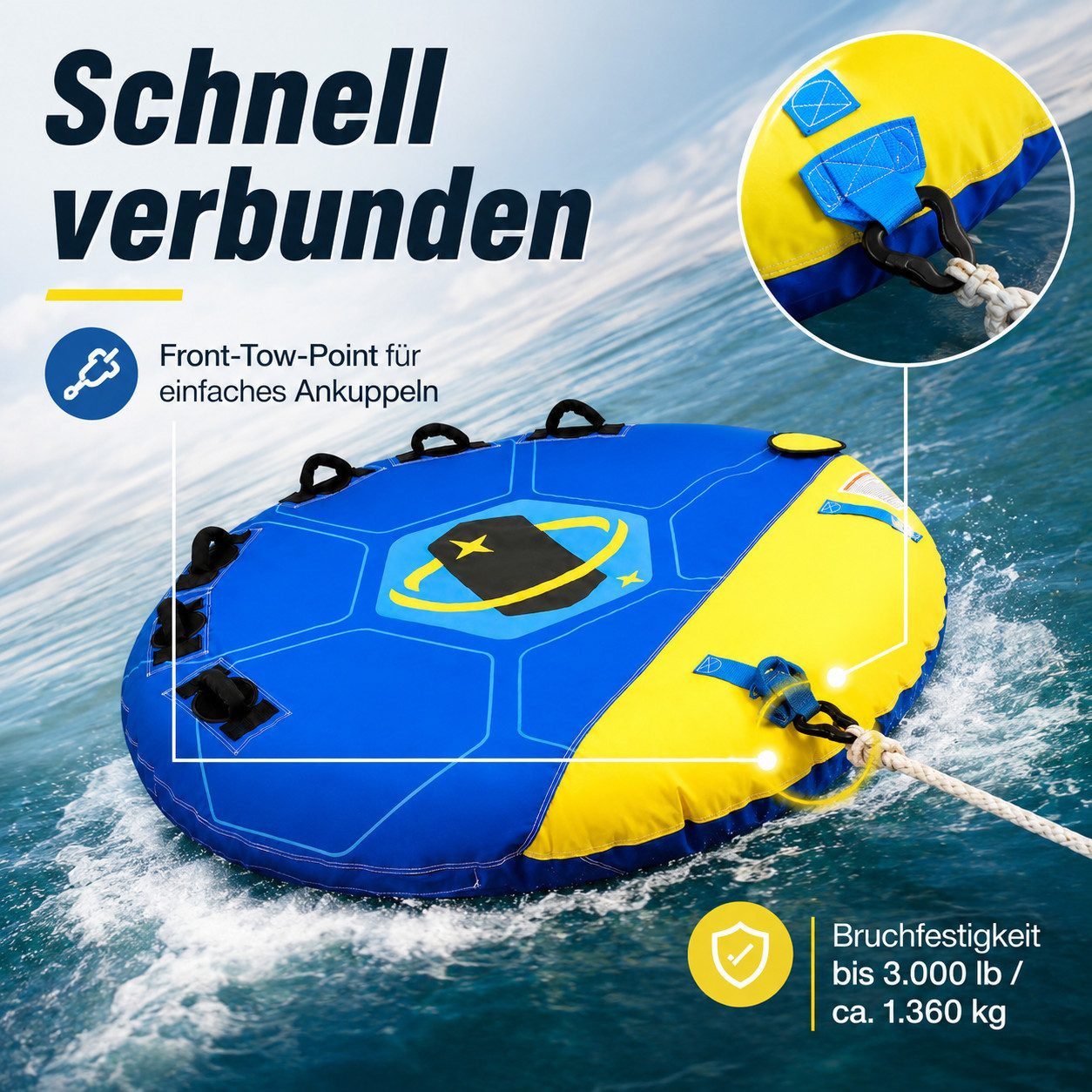 MaxKare Wellenreiter, (Wassersport Schleppreifen, Ø 157 cm für 1–2 Personen, Bootsfahren), mit Nylonbezug, PVC-Innenschlauch, Komfortgriffen und Zugpunkt