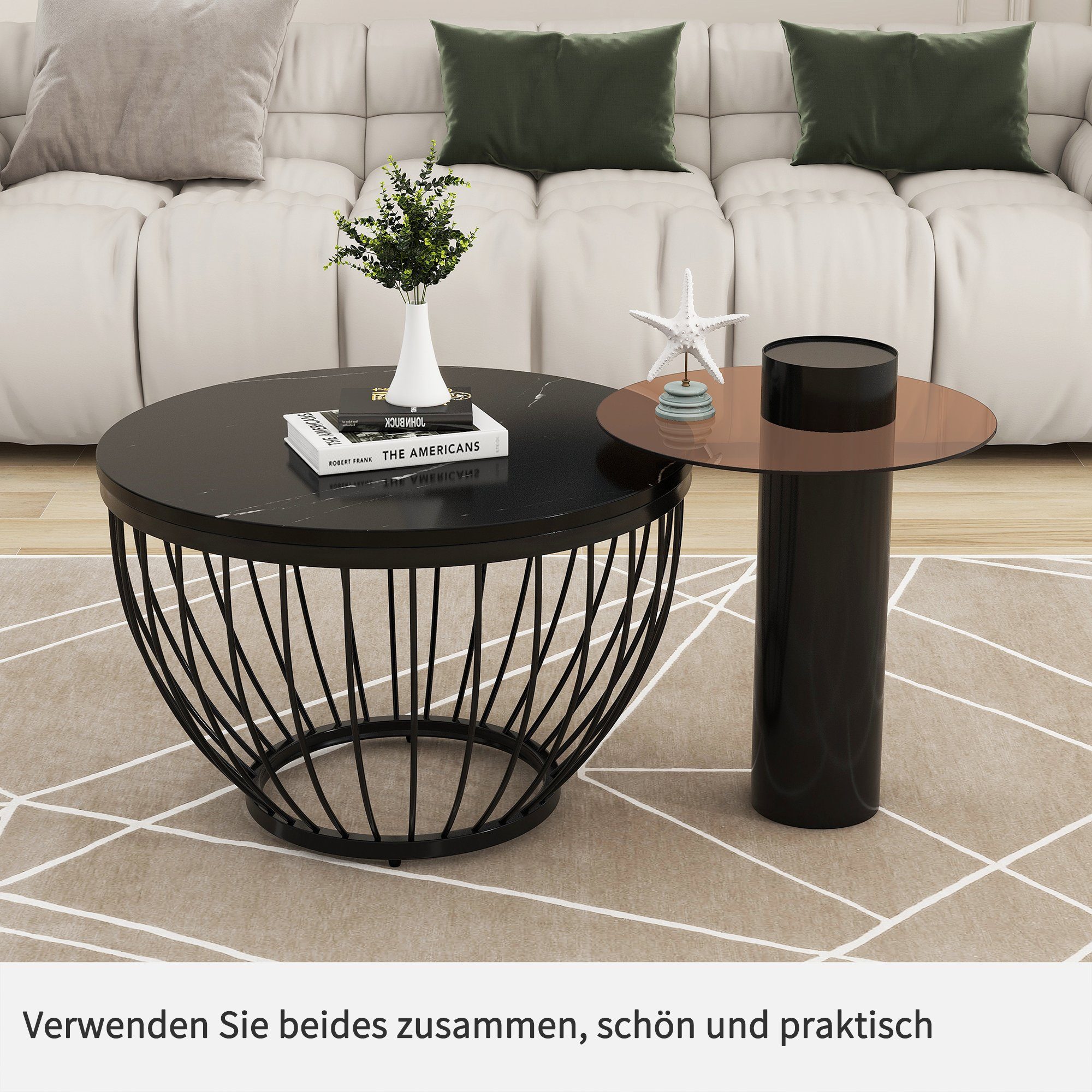 Schwarz Vogelnest-Design, PVC Couchtisch & & Holzoptik MDF PVC, (Glas WISHDOR 2-St)