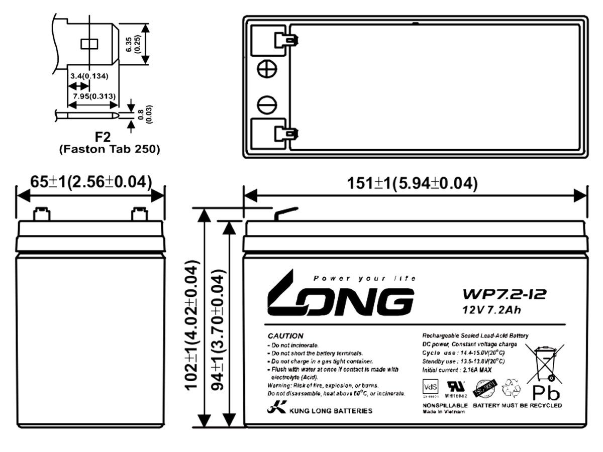 Kung Long 12V easy 800 (GSM)/BT 200H/2516 Bleiakkus für Alarm passend 7,2Ah