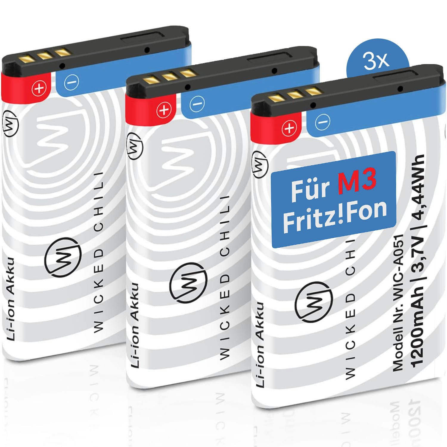 Wicked Chili 3x Akku für FRITZ!Fon M3 Zusatzakku Ersatzakku Batterie Zusatz-Akku M3 Pro Series (3,7 V), Akku geeignet für AMV Fritz!Fon M3