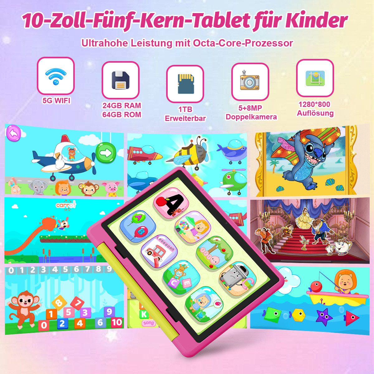 BUFO 10 Zoll 24(3+21)GB RAM+64GB ROM 1280x800 HD-Display Android16 Kinder Tablet (10,1", 64 GB, Android 16, WIFI, Anti-Blaulicht, Vorinstallierte Kinder Lernsoftware, Robustes Design)