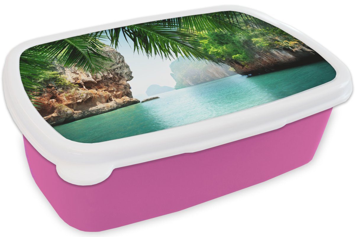 Berg Kunststoff rosa Kinder, - Snackbox, Brotdose Tropisch, Mädchen, Erwachsene, MuchoWow (2-tlg), Brotbox für Palme - - Lunchbox Kunststoff, Meer