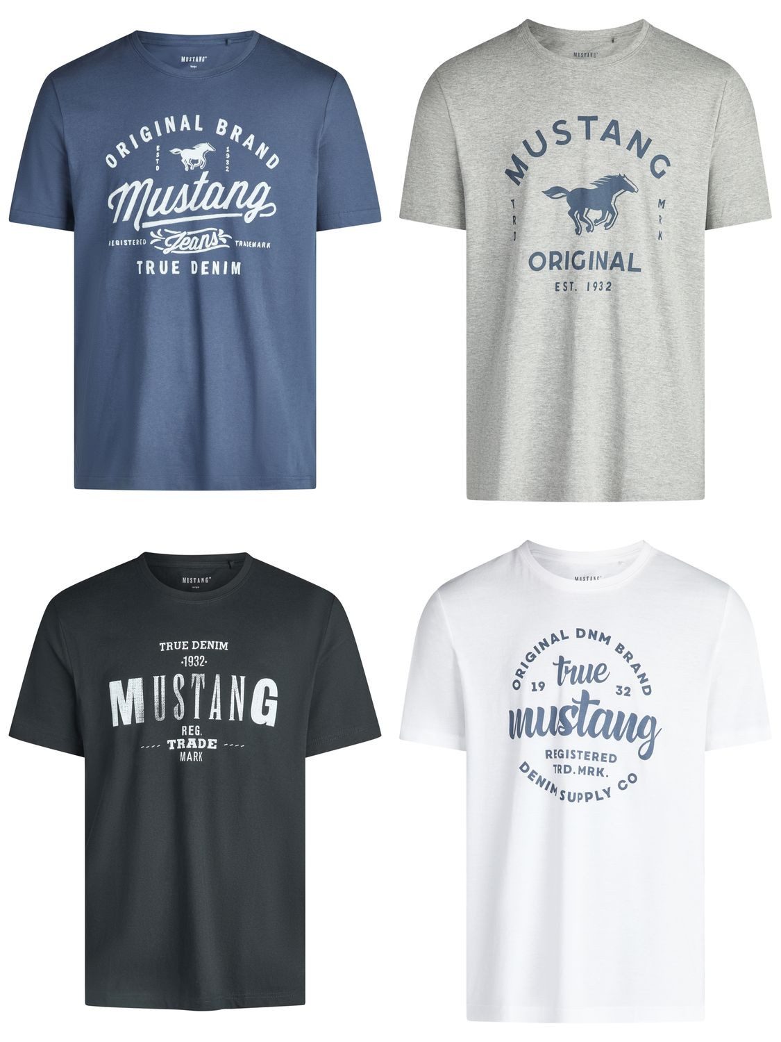 MUSTANG T-Shirt Herren Printshirt 4er Pack Set Regular Fit (Vorteilspack, 4-tlg) Kurzarm Sommer Tee Shirt mit Rundhalsausschnitt aus 100% Baumwolle