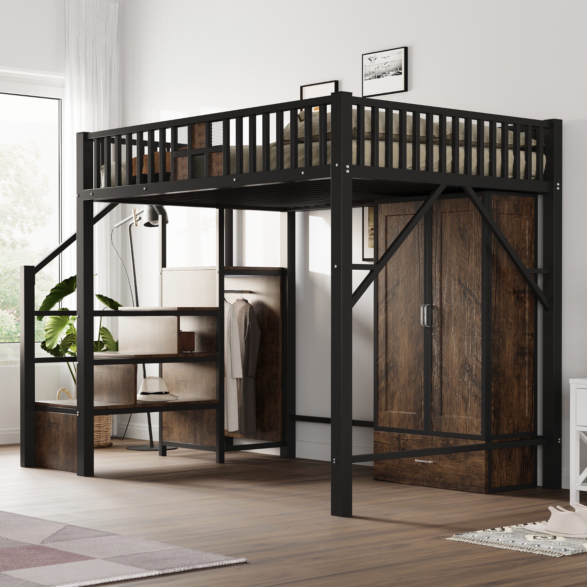 Celya Hochbett 140 × 200 cm Mit Markantem Geländerdesign Aus Holz und Metallgitter (ohne Matratze, mit Großem Kleiderschrank, Schubladen und Aufbewahrungsleiter) Geeignet für Schlafzimmer