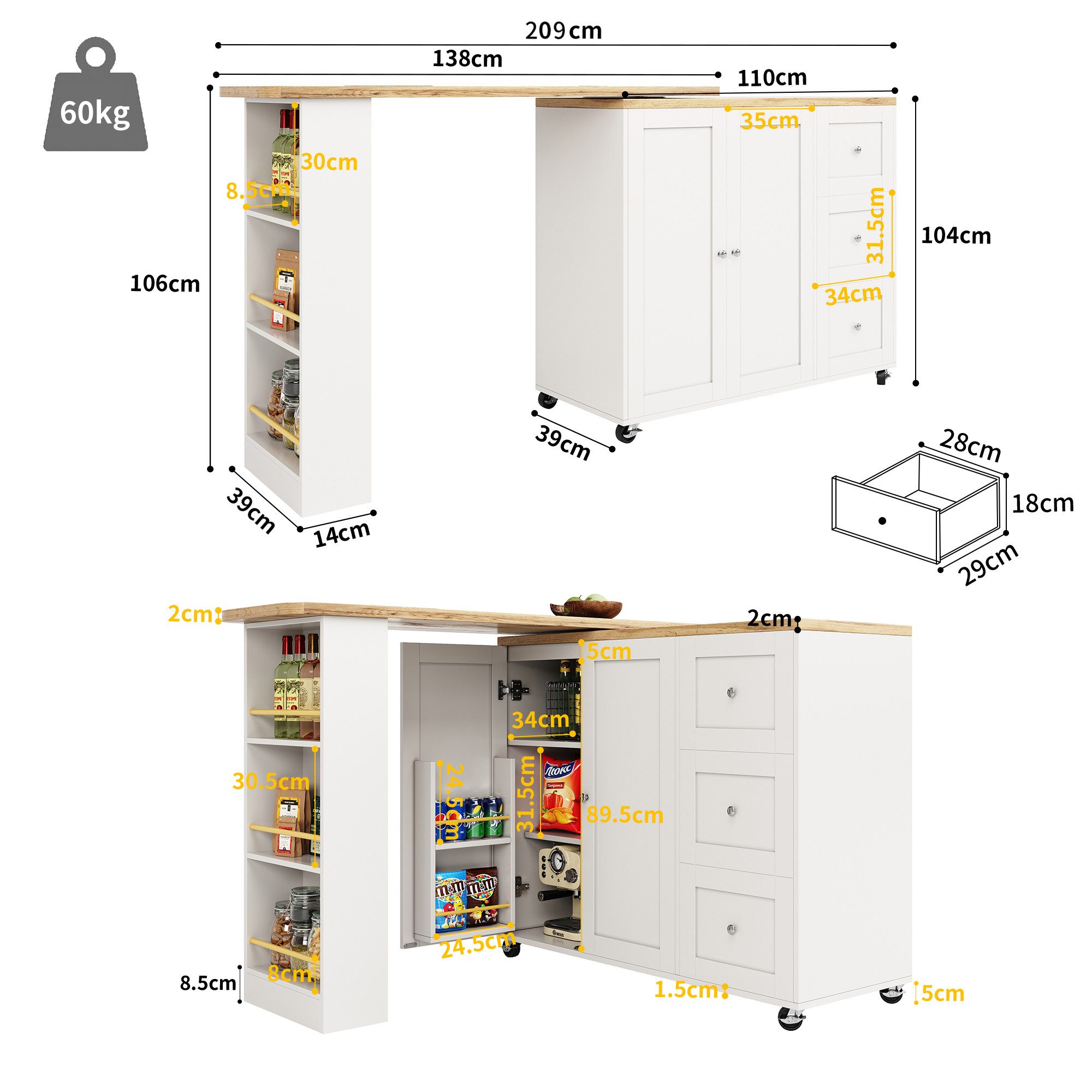 TavilaEcon Küchenwagen mit Rollen & Schubladen & Schrank & Aufbewahrungsins günstig online kaufen