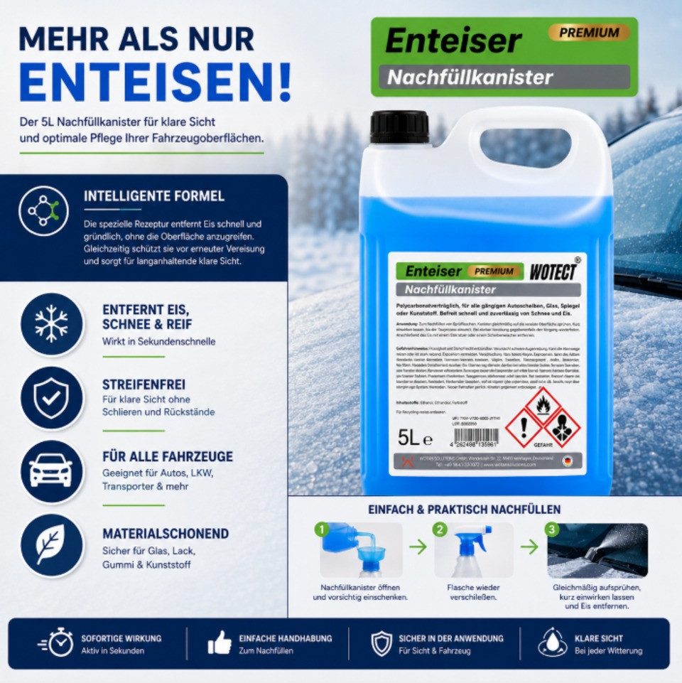 Wotect Enteiser-Spray 5 L Scheibenenteiser Enteiserspray Auto Scheiben Enteiser Frostschutz, bis -40 °C, 5 l, Vorratspack, Nachfüllkanister, gebrauchsfertig – Bild 4 von 5