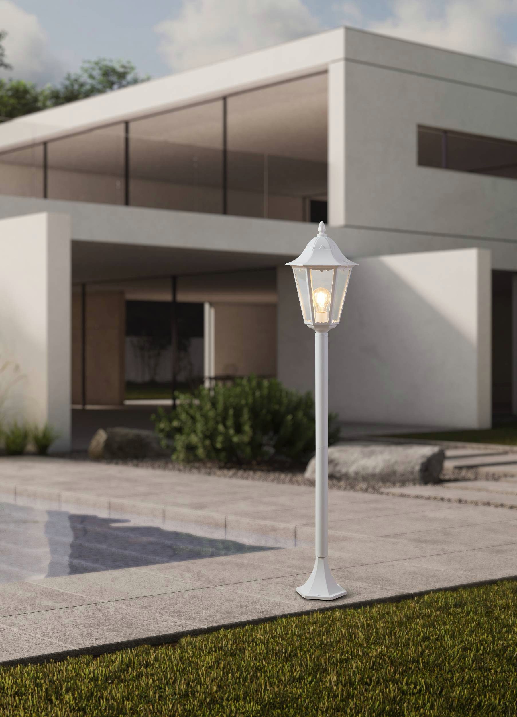 EGLO Stehlampe Navedo Außen-Stehlmape, Außenlampe, Aluguss und Glas, E27, IP44, Lampe, ohne Leuchtmittel, Stehleuchte - H120 x Ø23 cm - weiß - 1X60W exkl.