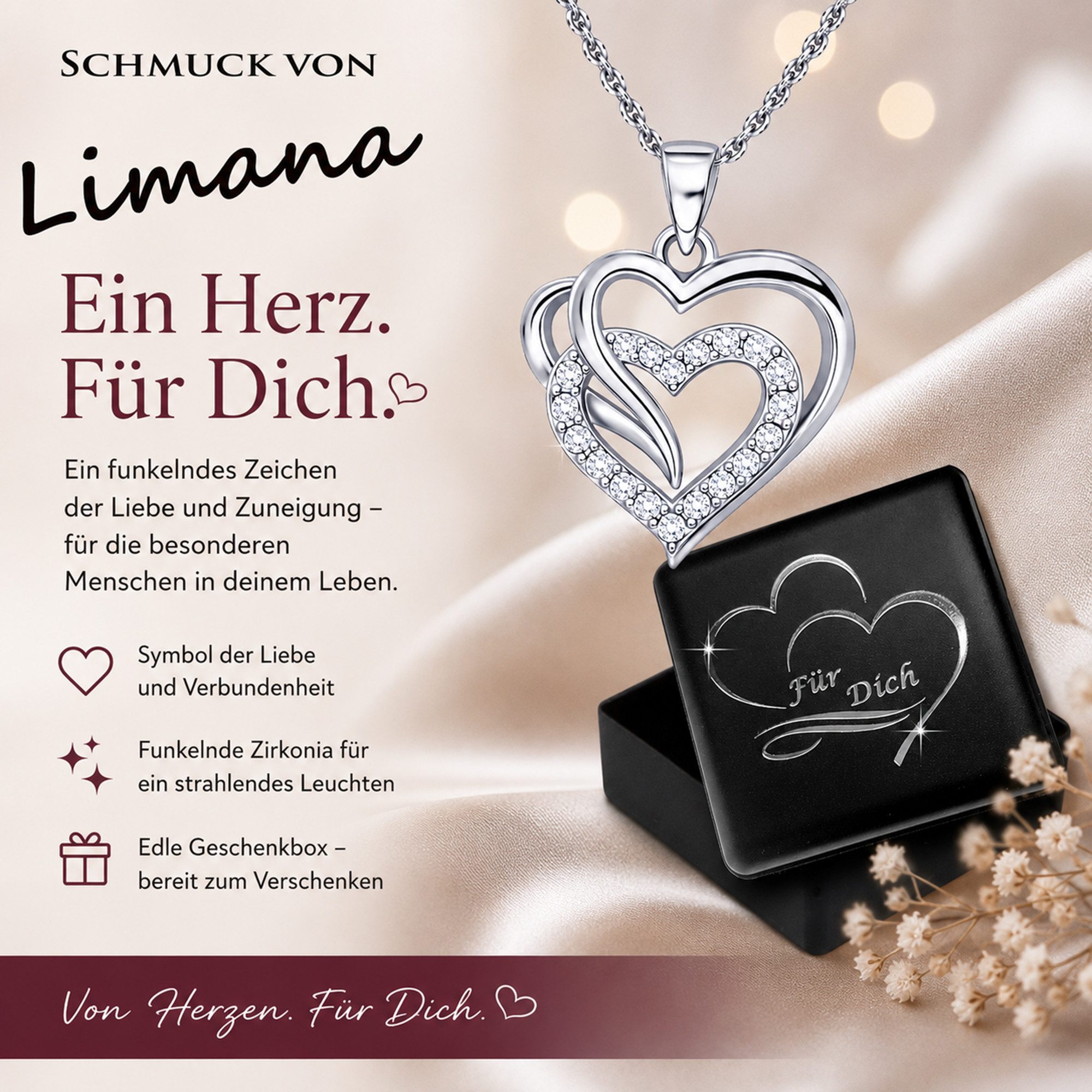 Limana Herzkette Doppelherz Schmuck Damen 925 Silber Kette mit Anhänger - Geschenk (für Frau Freundin Mama, inkl. Schmuckdose), Geburtstag Jahrestag Hochzeitstag Valentinstag Weihnachten