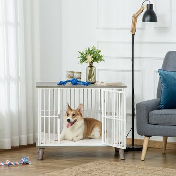 PawHut Hundehütte Hundekäfig aus Holz mit Kissen, erhöhtem Design Haustier, Weiß + Grau, 86B x 60T x 70H cm