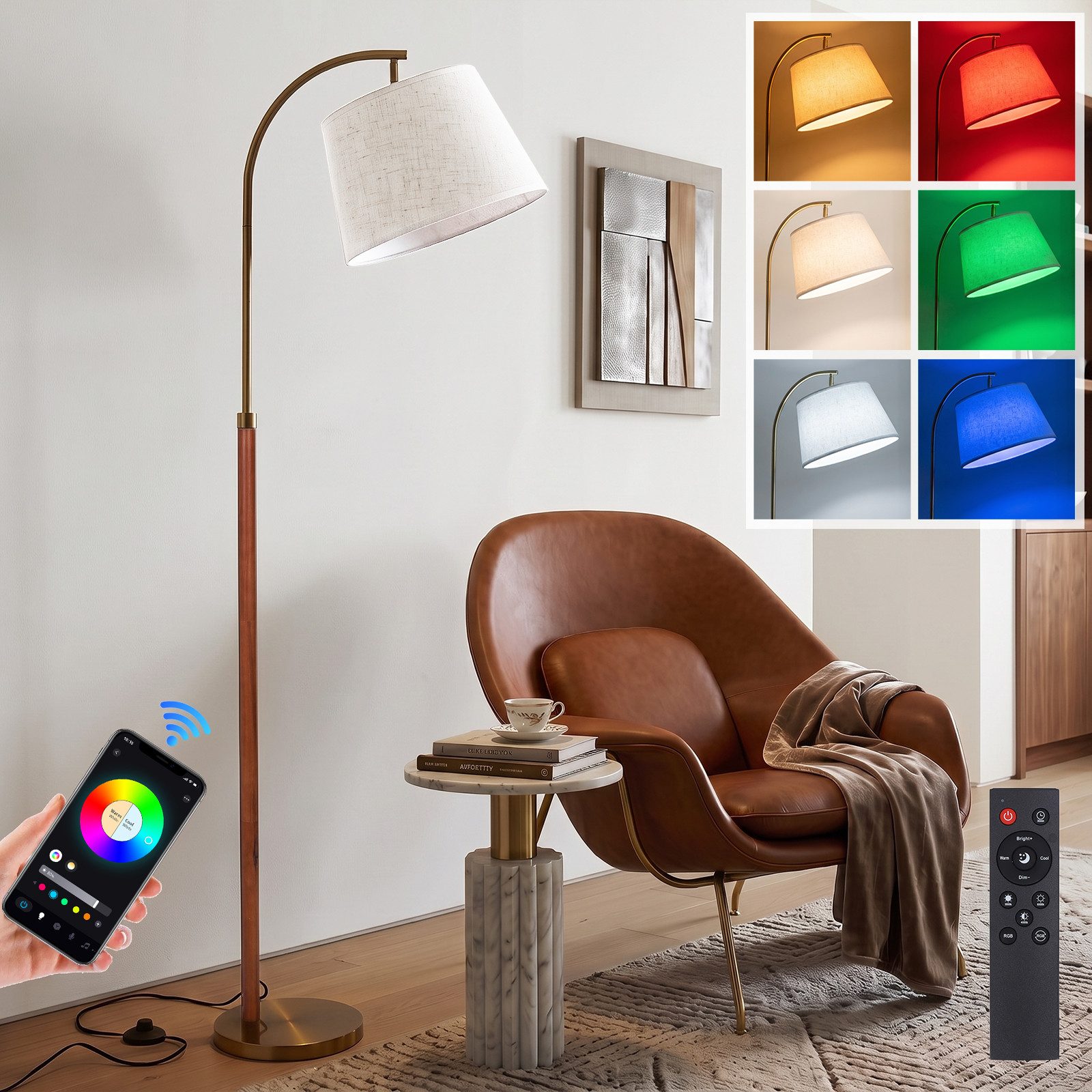 Rosnek LED Stehlampe fürs Wohnzimmer, RGB+CCT, Timer, Musikmodus, Kopf verstellbar, 170 cm, LED, Massivholz mit App & Fernbedienung für Wohnzimmer, Büro & Schlafzimmer