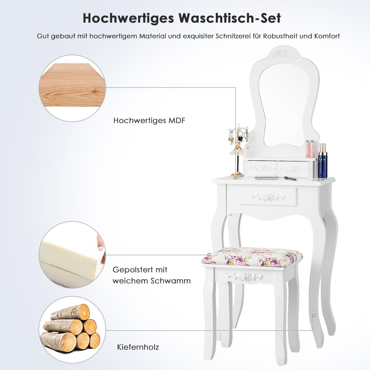 COSTWAY Schminktisch, mit Hocker, abnehmbarem Schubladen Weiß 3 Spiegel