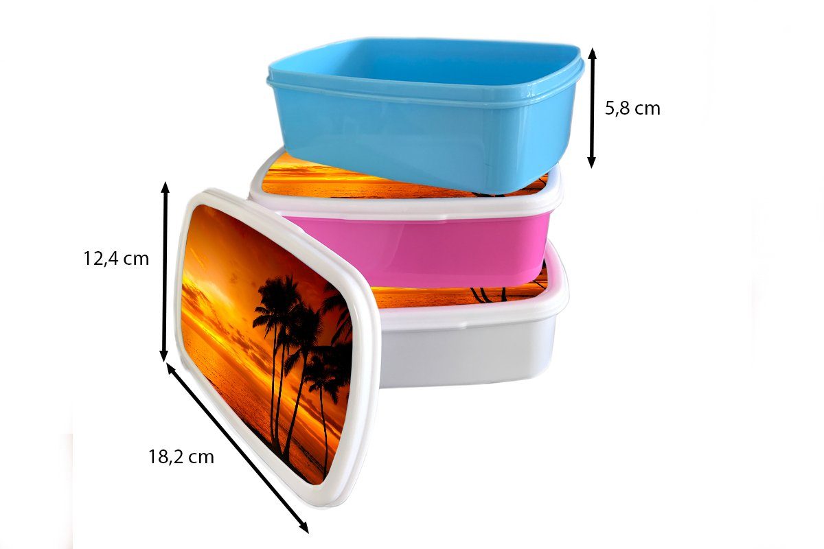 MuchoWow Lunchbox (2-tlg), rosa Brotbox Orange Kunststoff Sonnenuntergang Mädchen, Kunststoff, - Meer, Tropisch - - - Snackbox, Erwachsene, Palme Brotdose Kinder, für