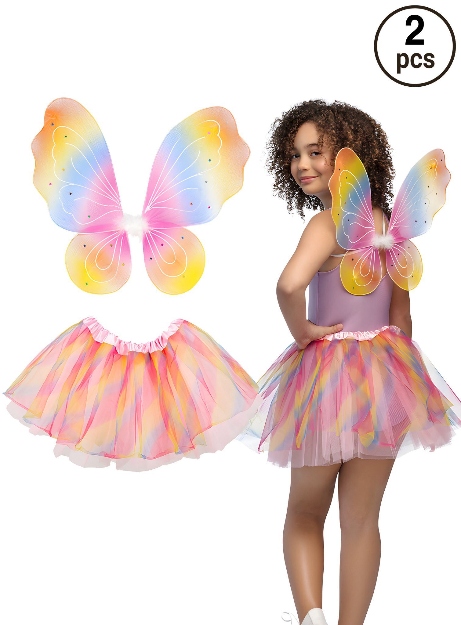 Boland Kostüm Regenbogen Schmetterling, Regenbogenbuntes Set aus Flügeln und Tutu