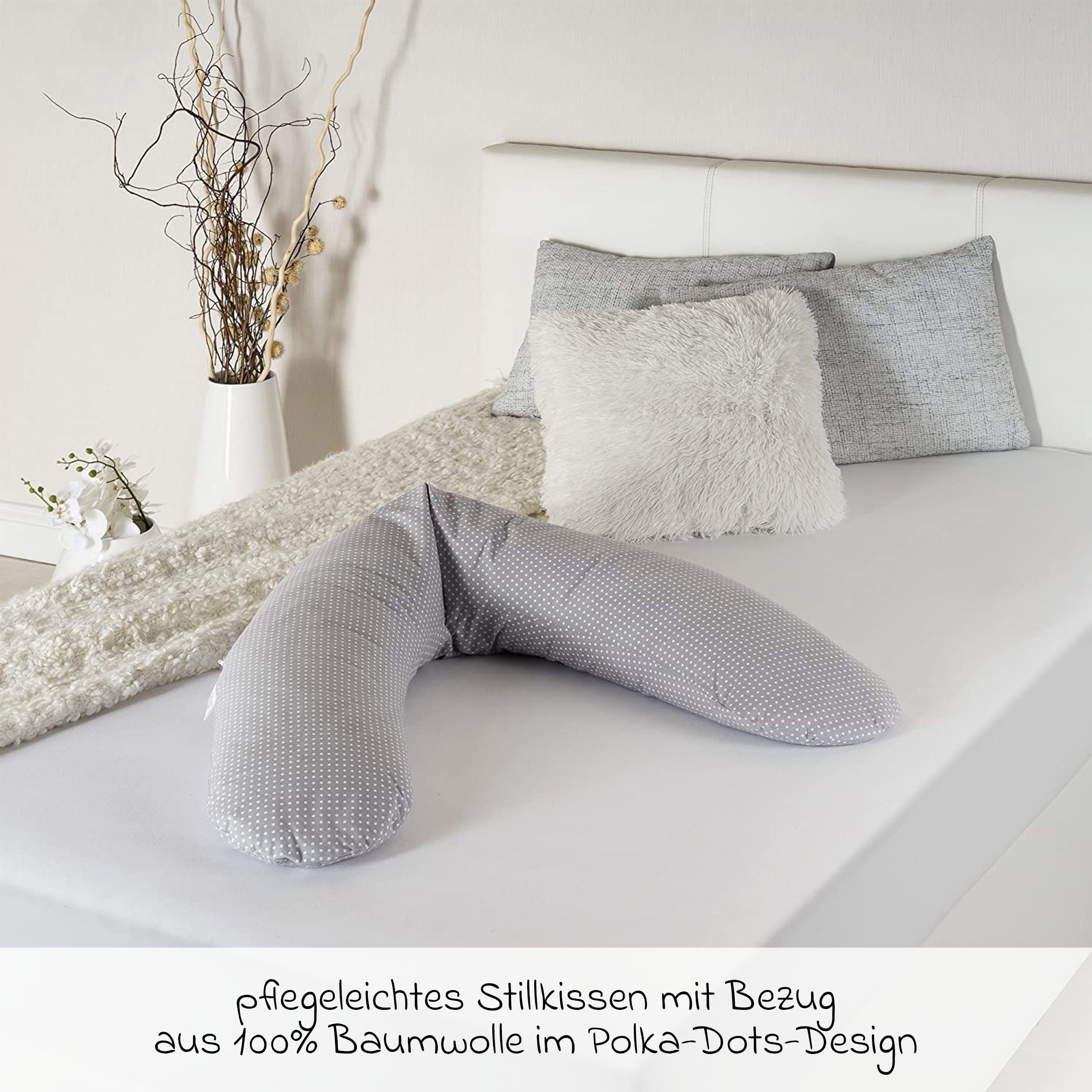 Theraline Stillkissen Dodo Premium - Polka Dots - Grau, Schwangerschaftskissen 180 cm inkl. Baumwoll-Bezug & 10x Mulltücher – Bild 5 von 5