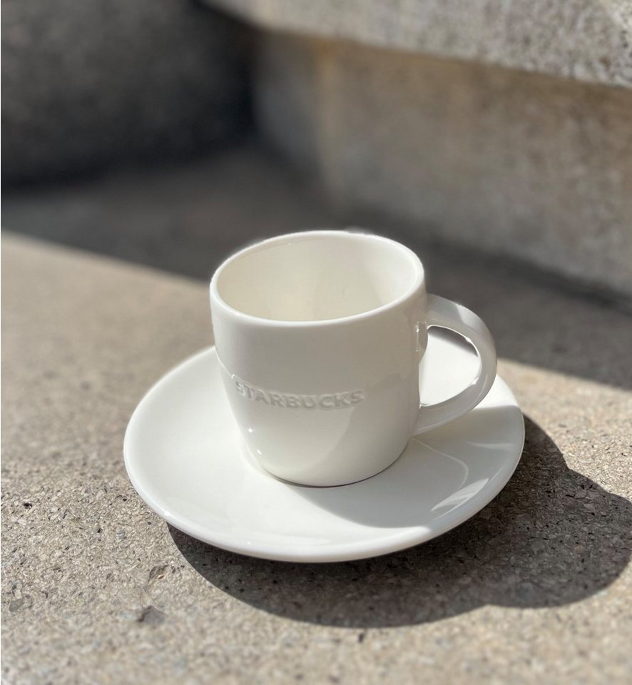 Starbucks Frühstücks-Geschirrset STARBUCKS Espresso Tasse und Unterteller Set weiß Tasse Gravur 89ml
