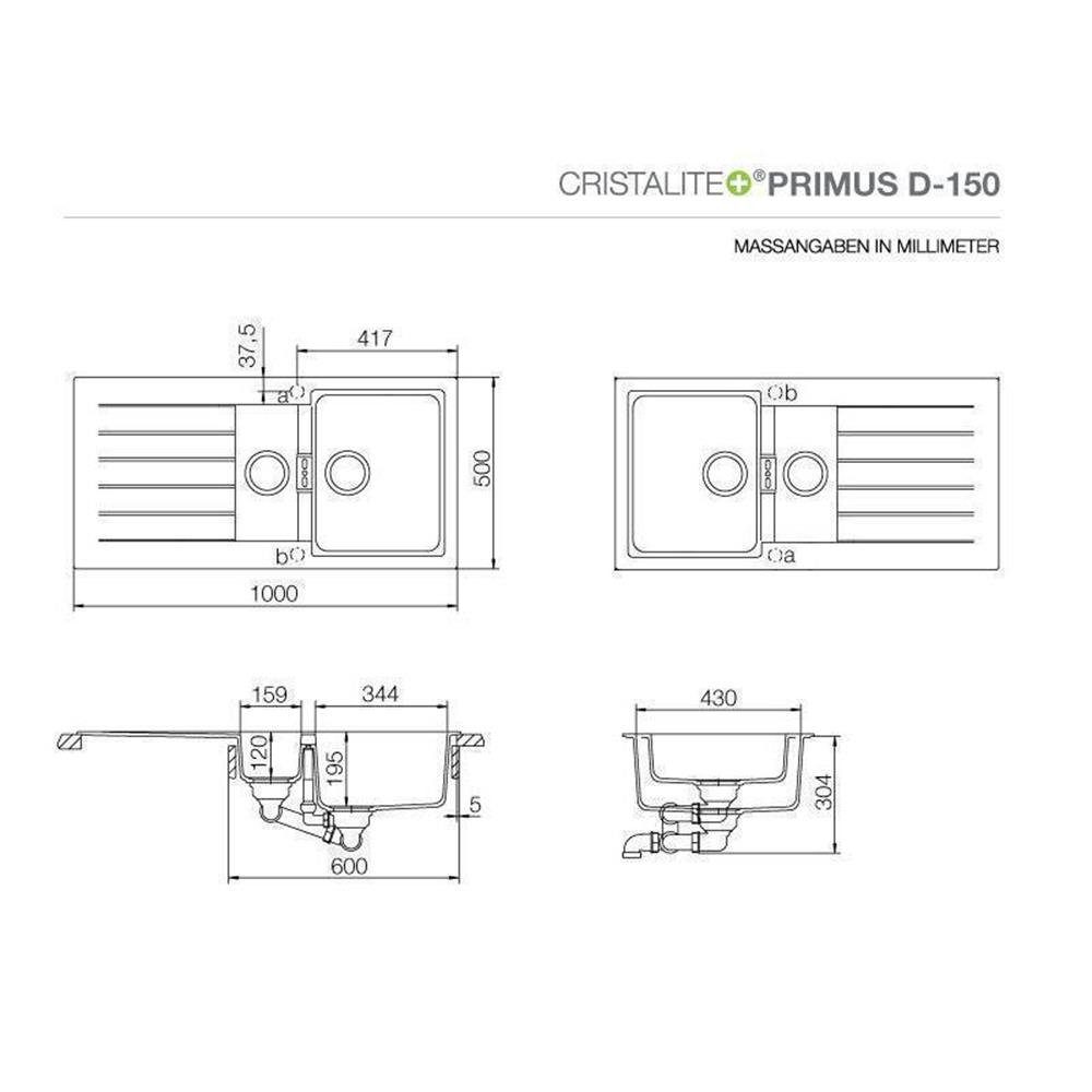 Schock Einbauspüle A, cm Schock Cristalite Primus 100/50 Granitspüle D-150