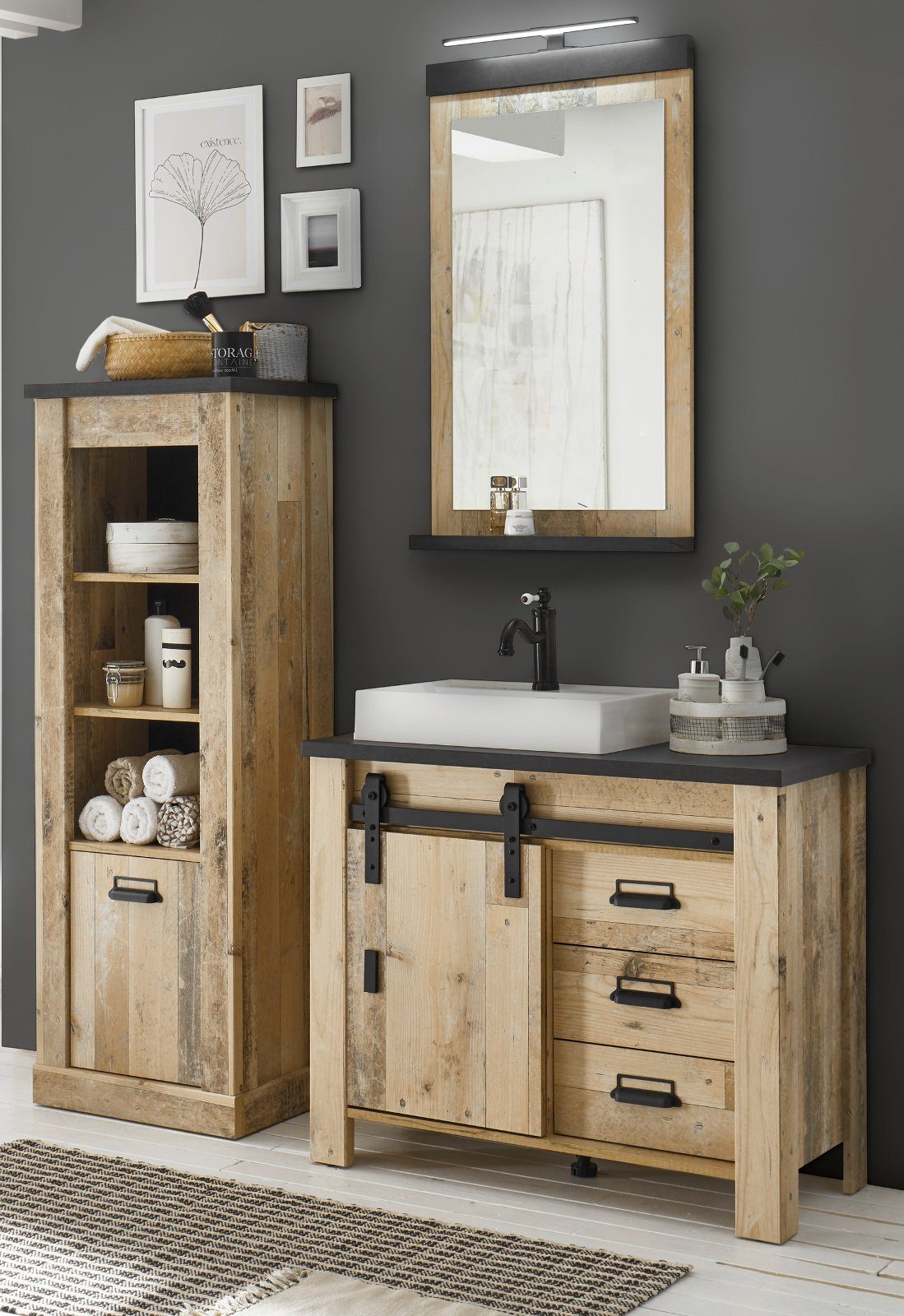 Furn.Design Badmöbel-Set Stove, (Badezimmer 5-teilig, Used Wood Vintage),  inklusive Waschbecken und Spiegellampe, Soft-Close