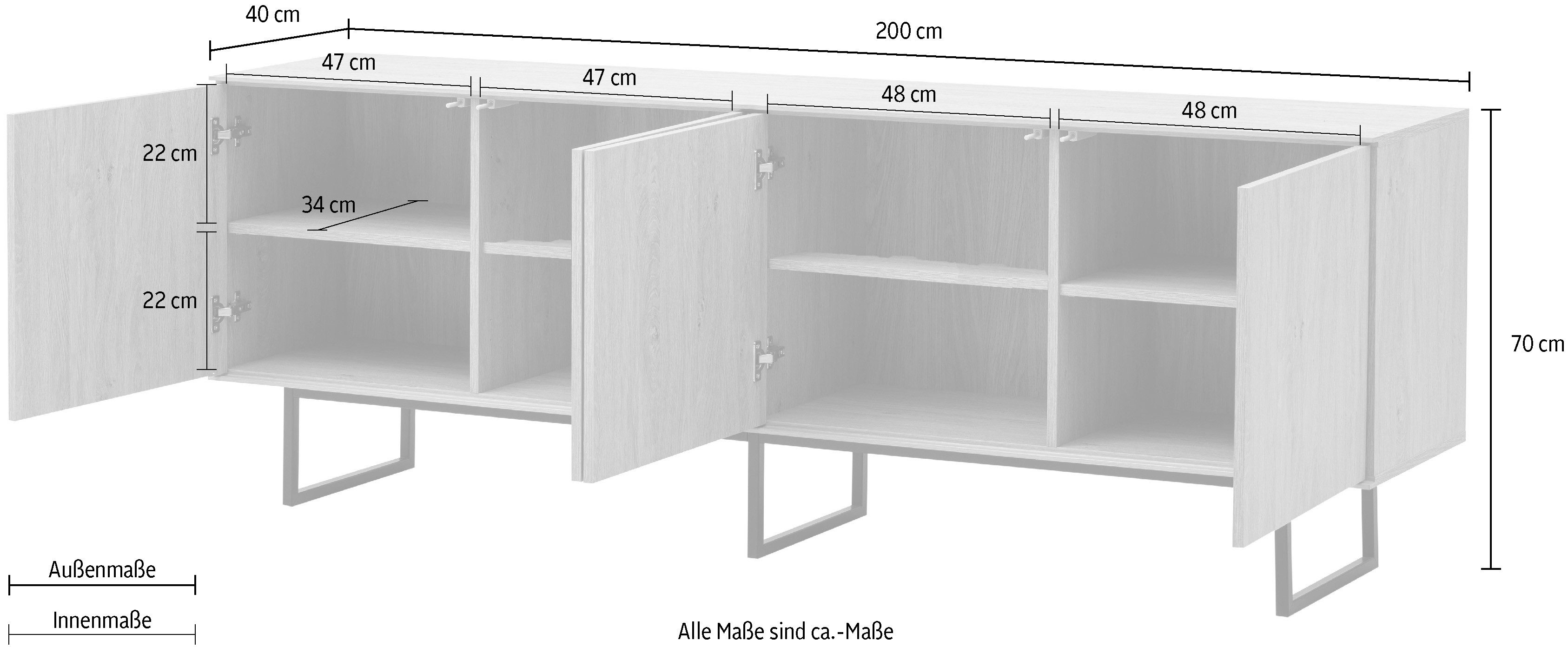 Home affaire Lowboard Lund, moderner TV-Unterschrank, Kommode mit Kufengestell, ausreichend Stauraum, vielseitig einsetzbar, 200 cm breit