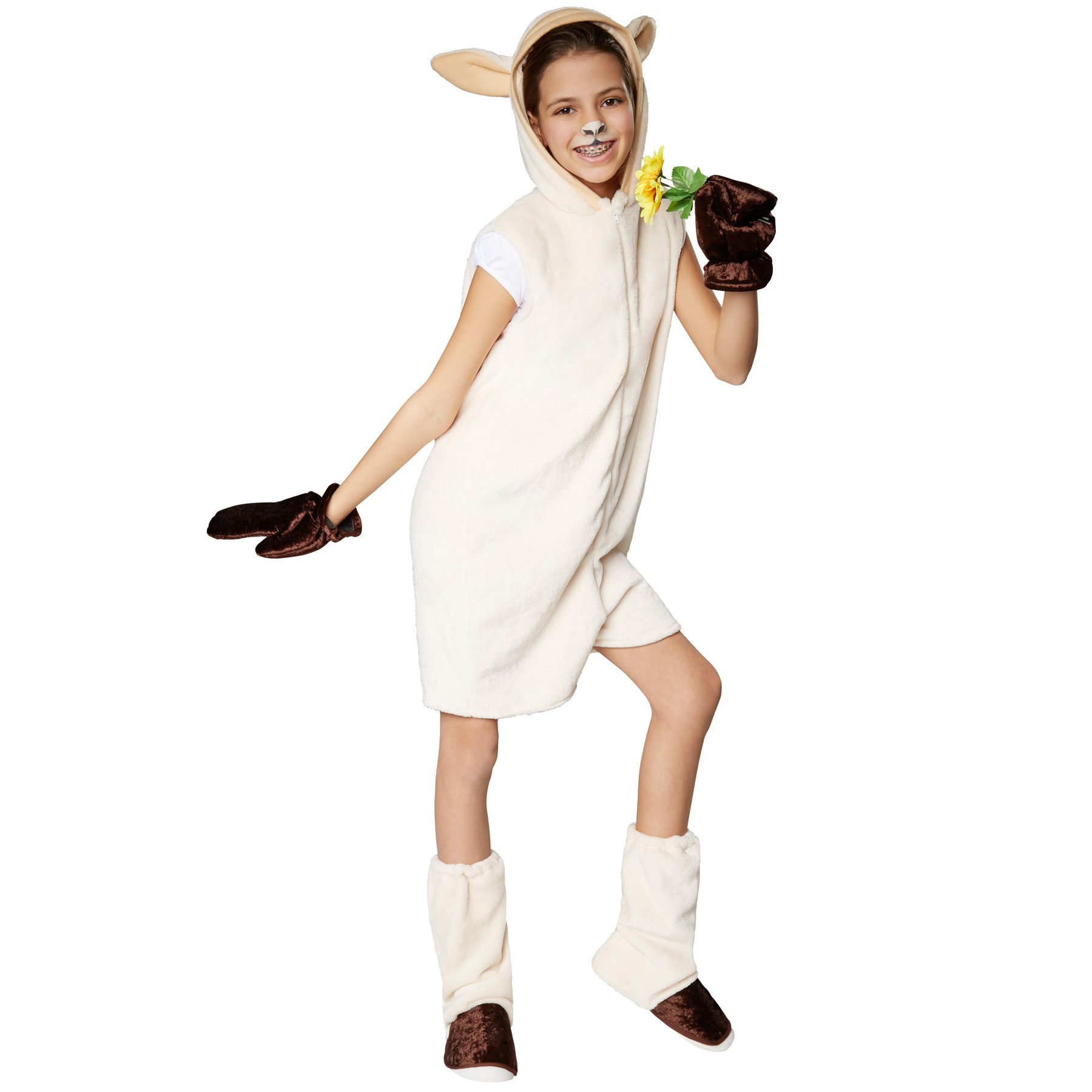 dressforfun Kostüm Lamm/Bock, Gr. 140 (9-10 Jahre), Inkl. Handschuhe und Beinstulpen, in der Farbe beige/weiß, Auch als Partner- oder Gruppenverkleidung