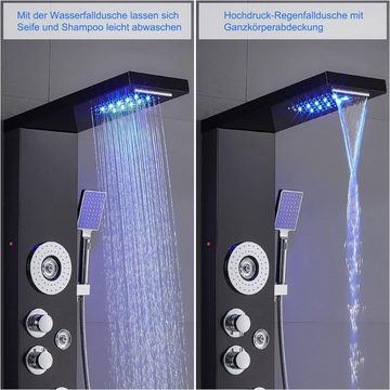 ROVOGO Duschsystem Duschpaneel mit Thermostat LED, 5-Funktion (Regendusche, Wasserfall, mit Armatur und LED Beleuchtet Massagedusche, und Badewanneneinlauf