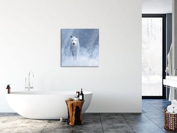 Pixxprint Glasbild Majestätischer weißer Wolf im Schnee, Majestätischer weißer Wolf im Schnee (1 St), Glasbild aus Echtglas, inkl. Aufhängungen und Abstandshalter