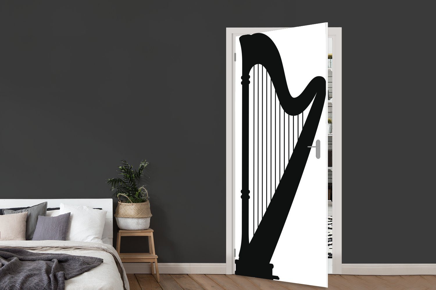 MuchoWow Türtapete Schwarze Illustration Harfe, und Matt, Türaufkleber, 75x205 Tür, (1 cm für Silhouette einer der St), Fototapete bedruckt, weiße