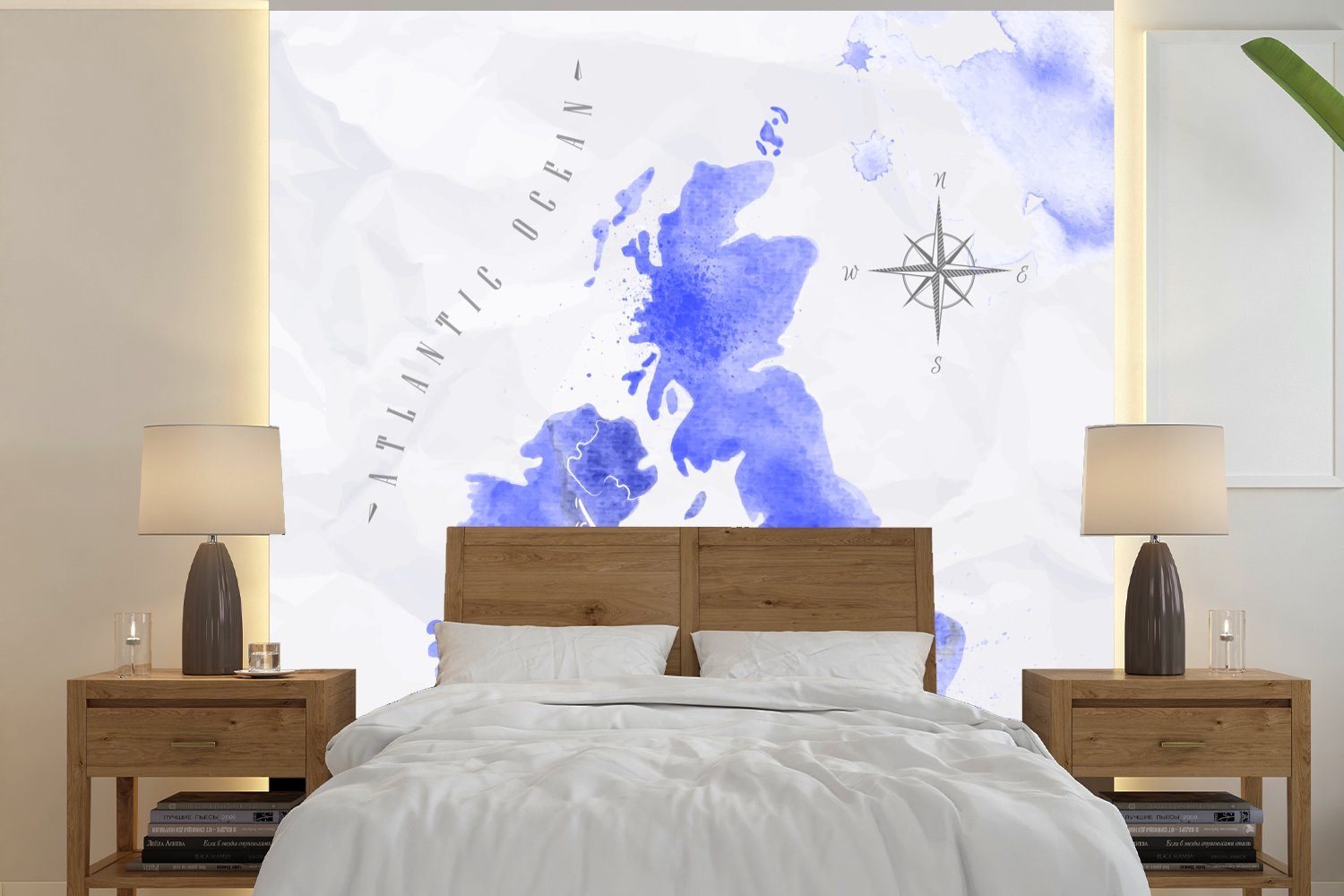 MuchoWow Fototapete Aquarell - England - Karte, Matt, bedruckt, (4 St), Vliestapete für Wohnzimmer Schlafzimmer Küche, Fototapete