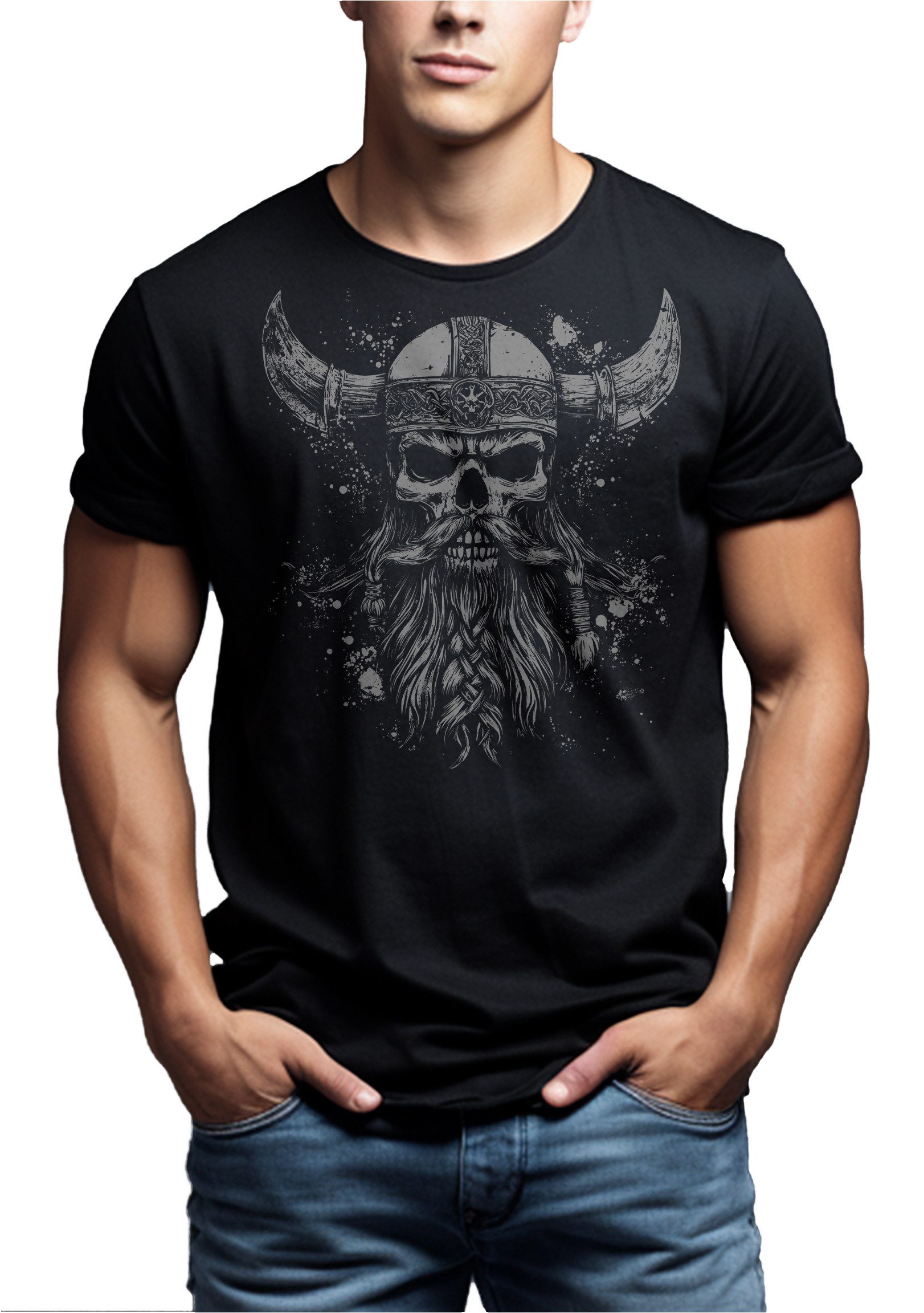 MAKAYA T-Shirt mit Wikinger Krieger Totenkopf Moitv mit Helm Viking Skull für Männer (Schwarz, Blau, Blaugrau, Grün, S, M, L, XL, XXL, 3XL, 4XL, 5XL) Baumwolle
