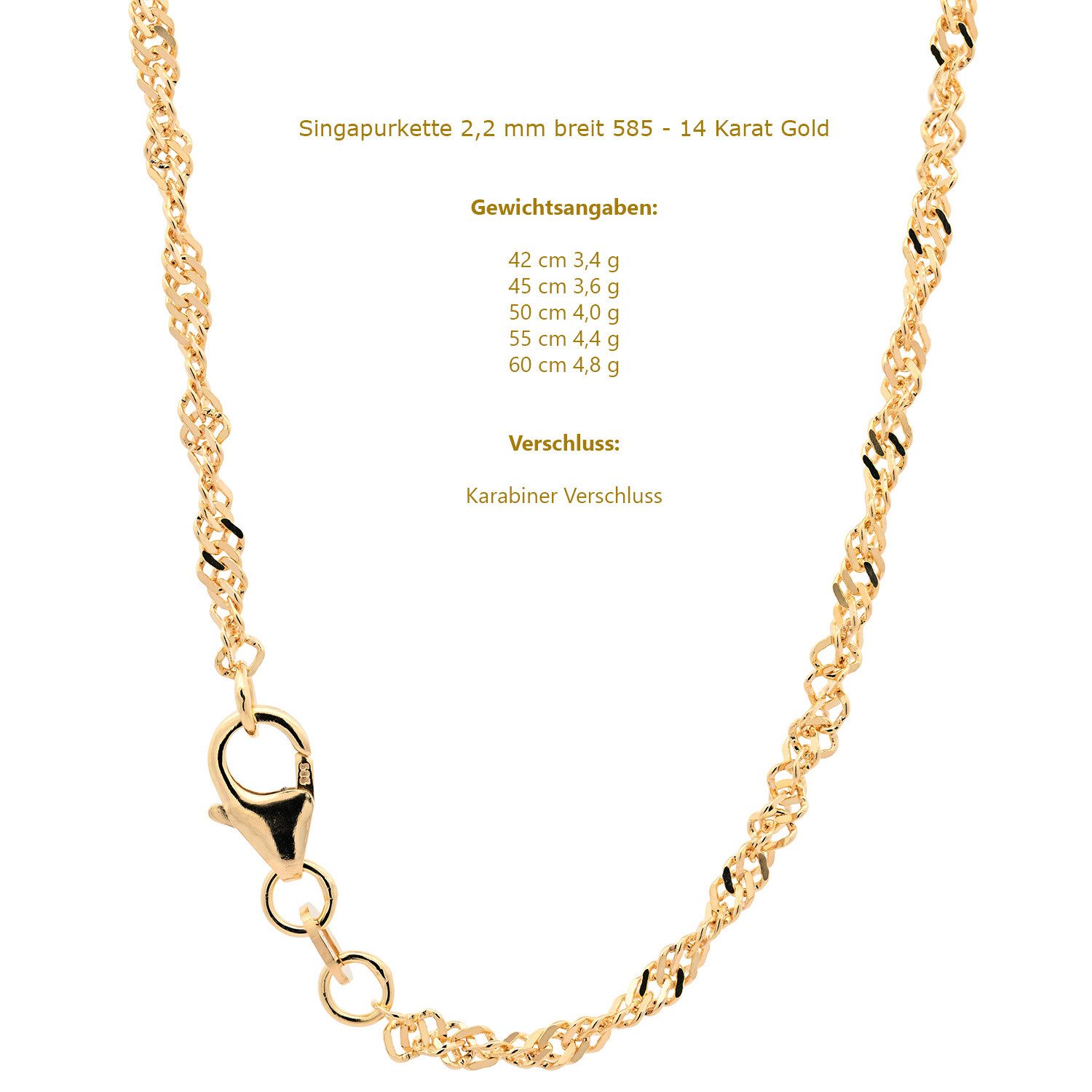 HOPLO Goldkette Goldkette Singapurkette Länge 45cm - Breite 2,2mm - 585-14 Karat Gold, Made in Germany – Bild 2 von 5