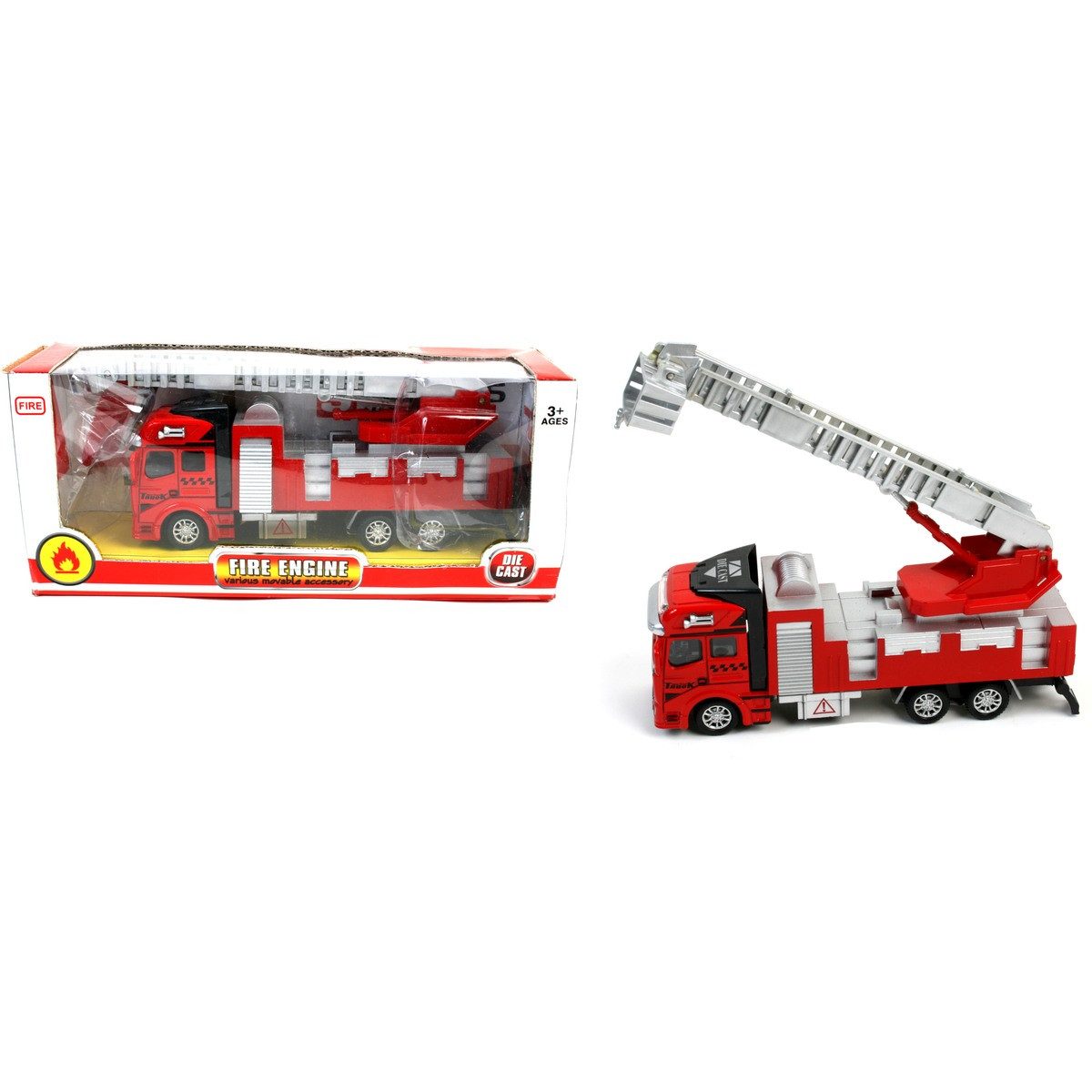 B&G INTERNATIONAL Spielzeug-LKW Spielauto Feuerwehr-LKW mit Drehleiter rot/grau 21cm Metall Kartonetui