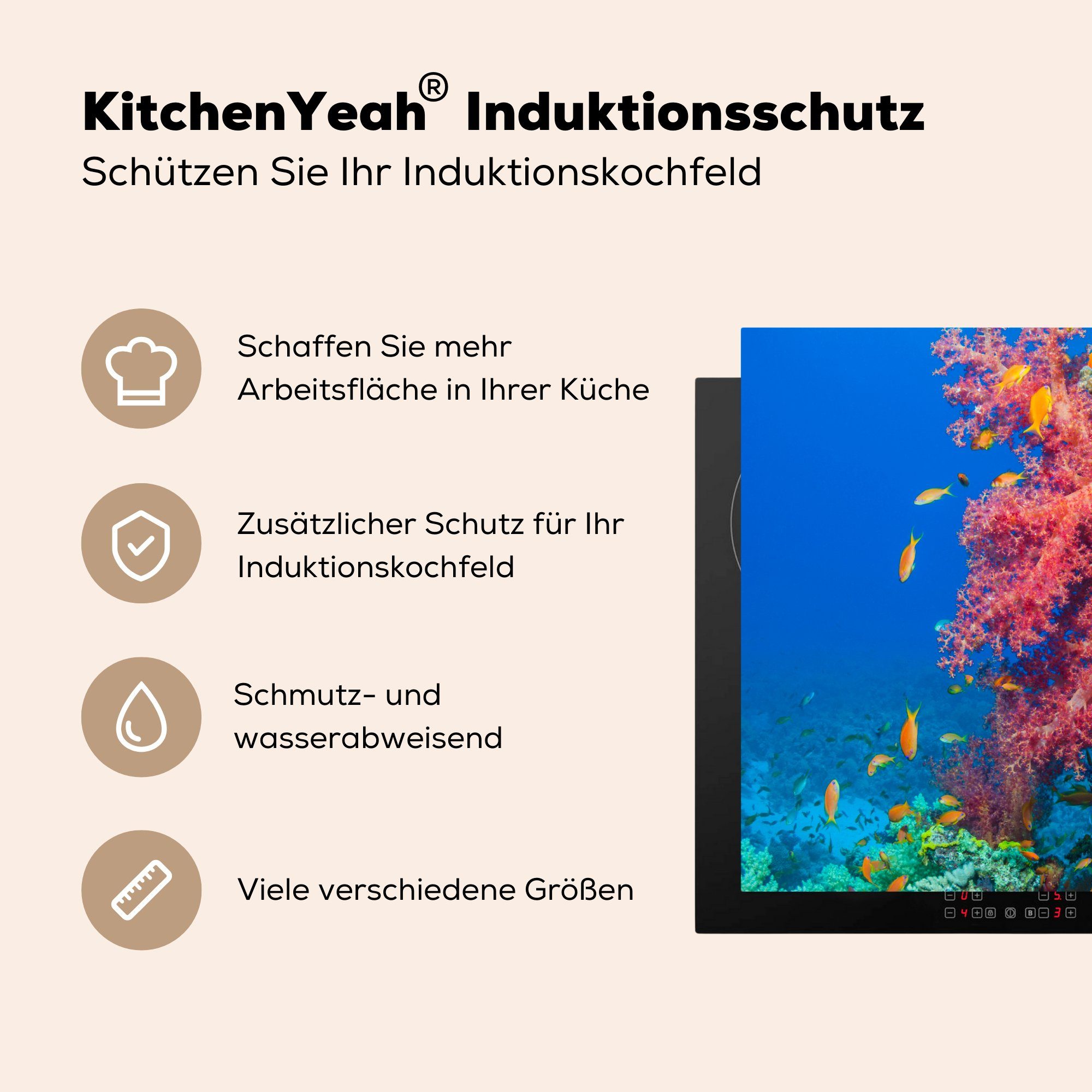 MuchoWow Herdblende-/Abdeckplatte Koralle mit zwei Schutz 81x52 Fischen, für Vinyl, Induktionskochfeld tlg), gelben die (1 Ceranfeldabdeckung cm, küche