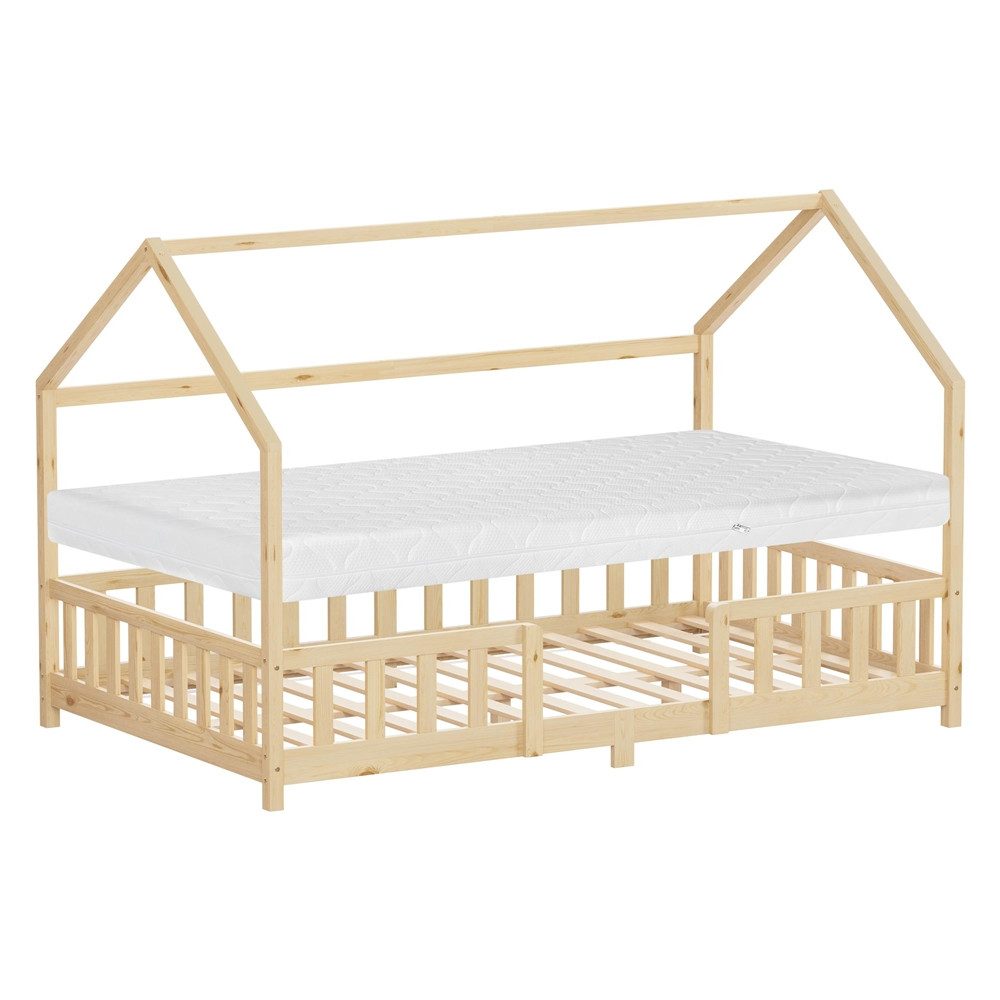 ML-DESIGN Spielbett Hausbett Kinderbett inkl. Lattenrost kreativ Bodenbett für Kinder, Abenteuerbett mit Matratze H-16cm 120x200cm Holzbett Natur Bettgestell