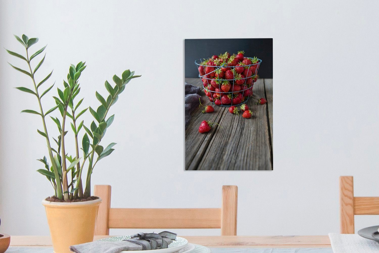 OneMillionCanvasses® Leinwandbild Erdbeere - St), fertig - bespannt cm (1 inkl. Gemälde, Tisch, Leinwandbild Zackenaufhänger, 20x30 Korb