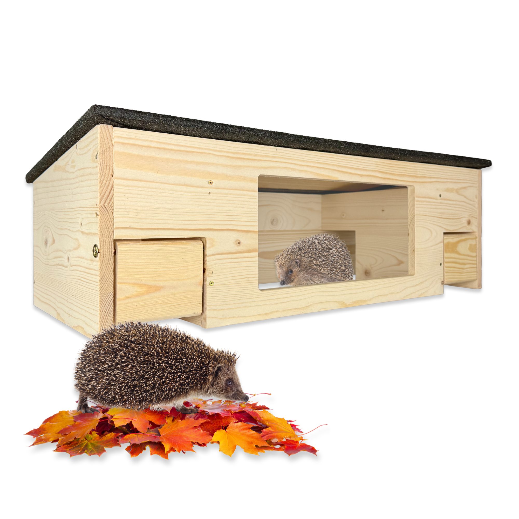 gartenetage Igelhaus Igelfutterhaus XXL mit Panorama-Beobachtungsfenster & Rattenklappen, wetterfestes Igelhaus aus zertifiziertem Holz