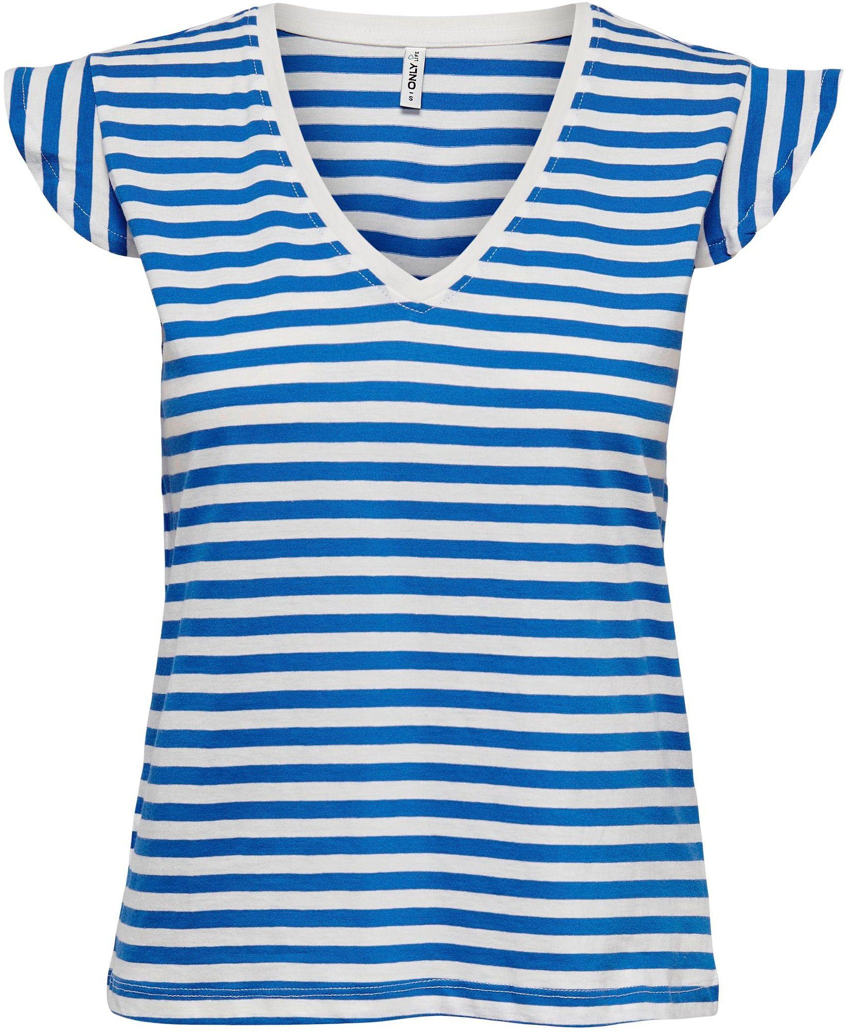 Auch neue Produkte sind verfügbar! ONLY V-Shirt ONLMAY S/S FRILL Strong Stripes:Cloud TOP V-NECK Blue dancer