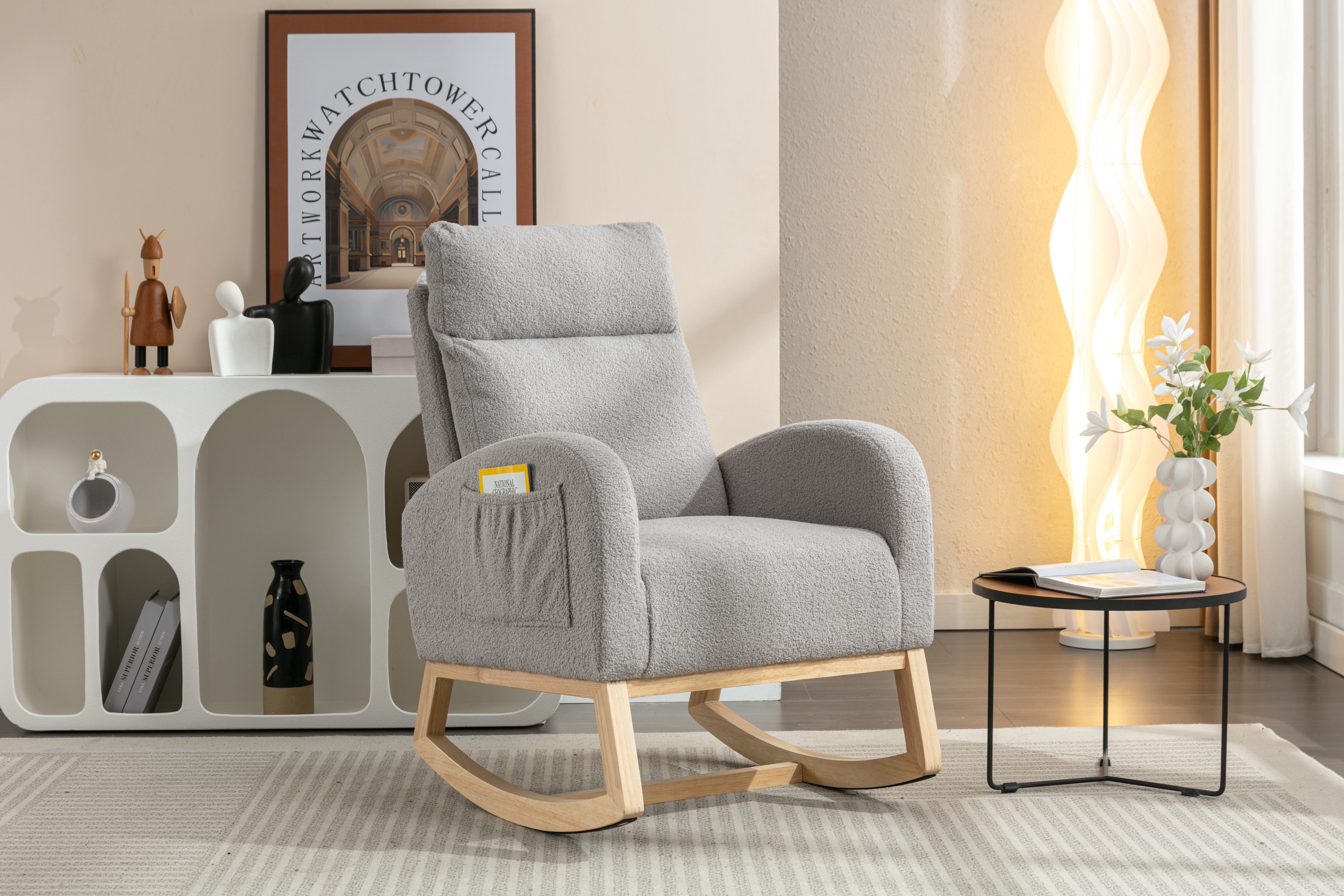 MODFU Schaukelstuhl Relaxstuhl Schaukelsessel, Teddy Fabric Upholstered Rocking Chair Für Wohnzimmer/Schlafzimmer