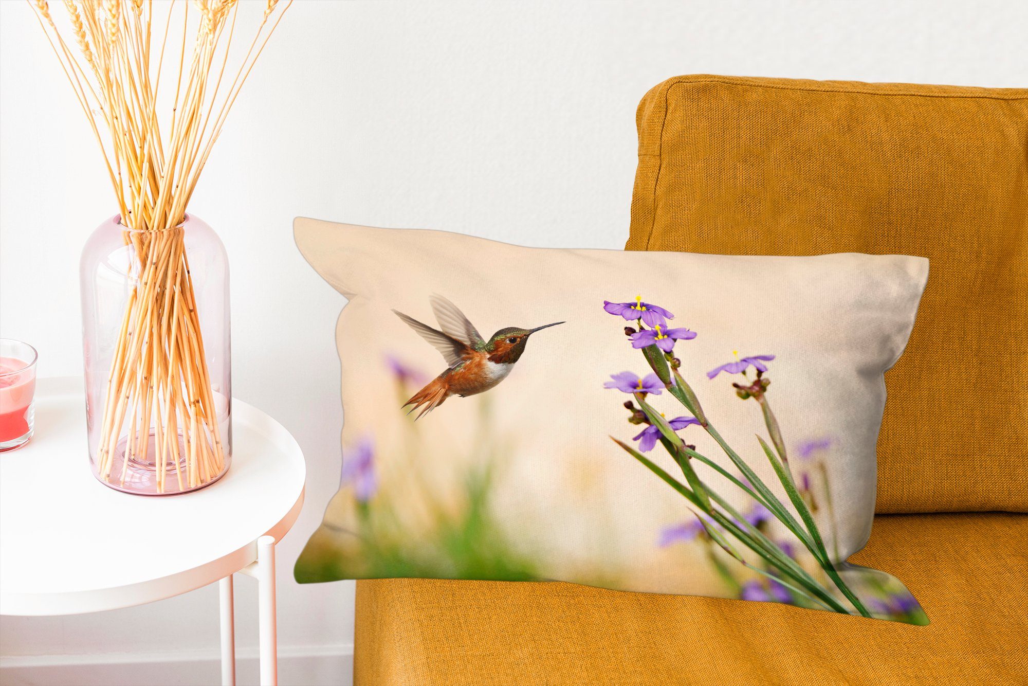 Dekoration, Dekokissen Zierkissen, mit Kolibri Wohzimmer - - Schlafzimmer MuchoWow Blumen Vogel - Lila, Dekokissen Füllung,