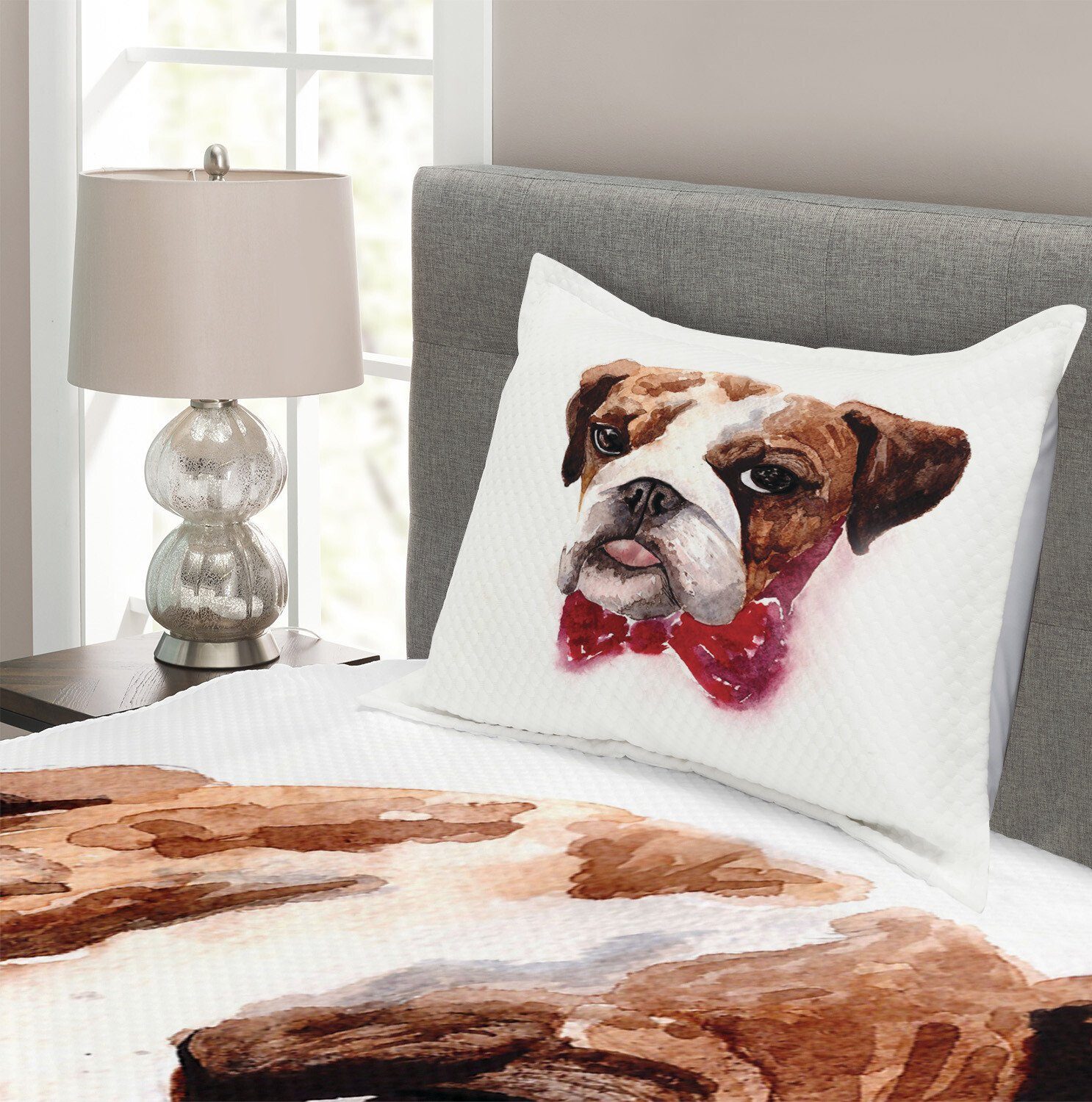 Waschbar, Bulldogge Aquarell-Hund Tagesdecke Englische Abakuhaus, Kissenbezügen Set mit