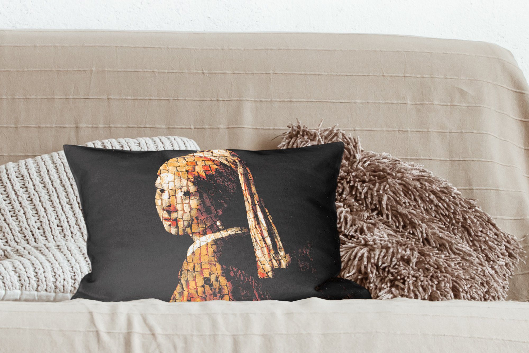 Schlafzimmer - Zierkissen, Dekoration, Wohzimmer - MuchoWow Vermeer Perlenohrring Dekokissen mit Dekokissen Mädchen Mosaik, Füllung, mit
