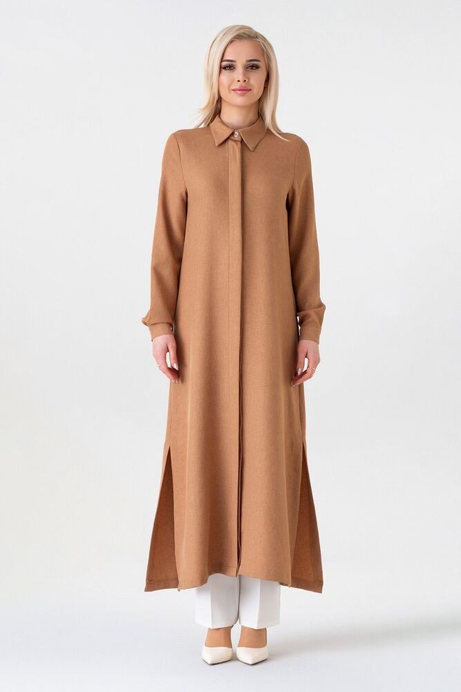 fashionshowcase Longtunika Damen lange Tunika verdeckte Knopfleiste Modest elastisch elegant minimalistischer Look, fließender Fall, ideal für Modest Outfits