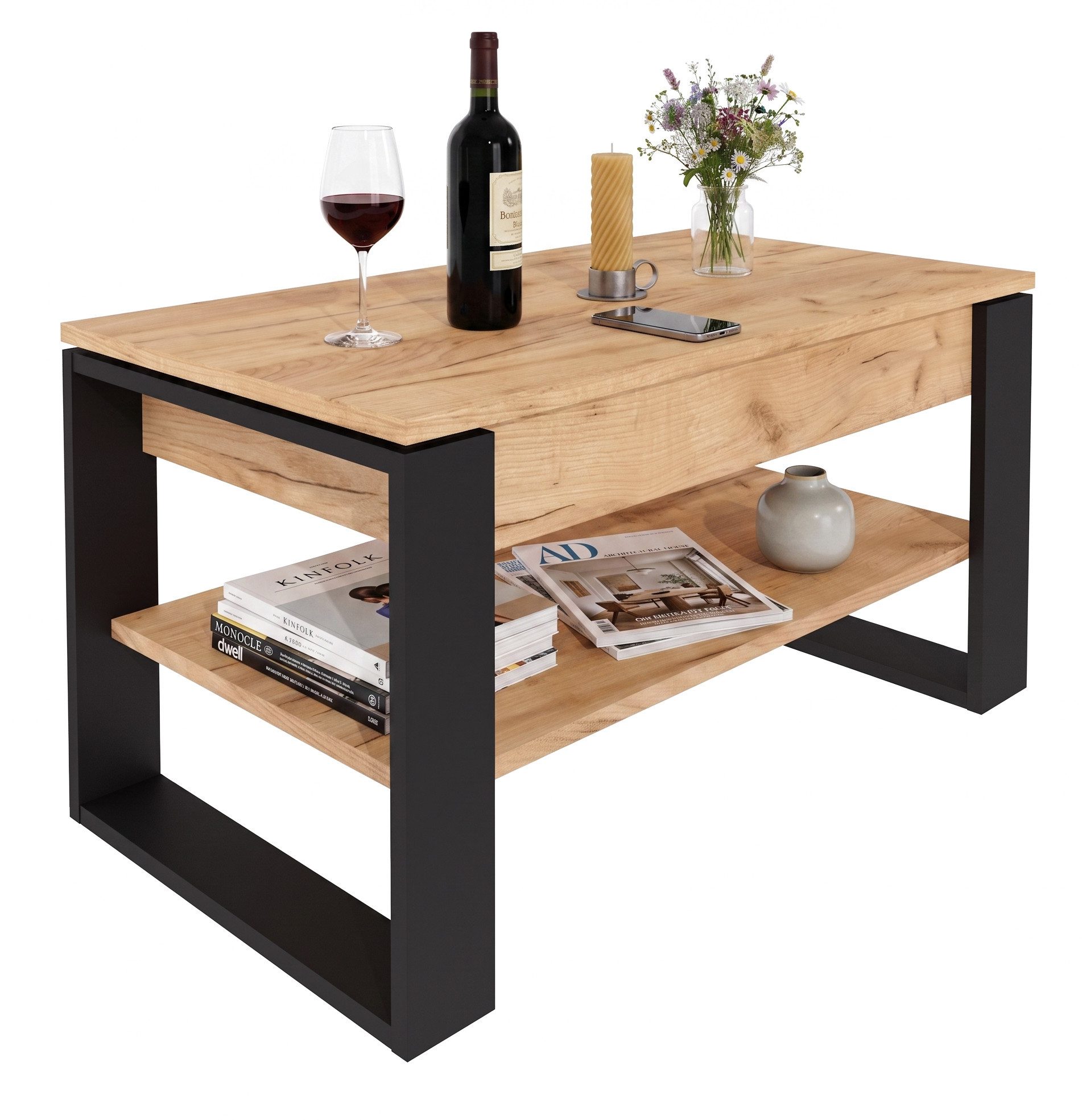 TREND WERK Couchtisch Lift-Couchtisch höhenverstellbar Sofatisch 92×55 cm mit Stauraum (verstecktem Fach Wohnzimmertisch Holz modern)