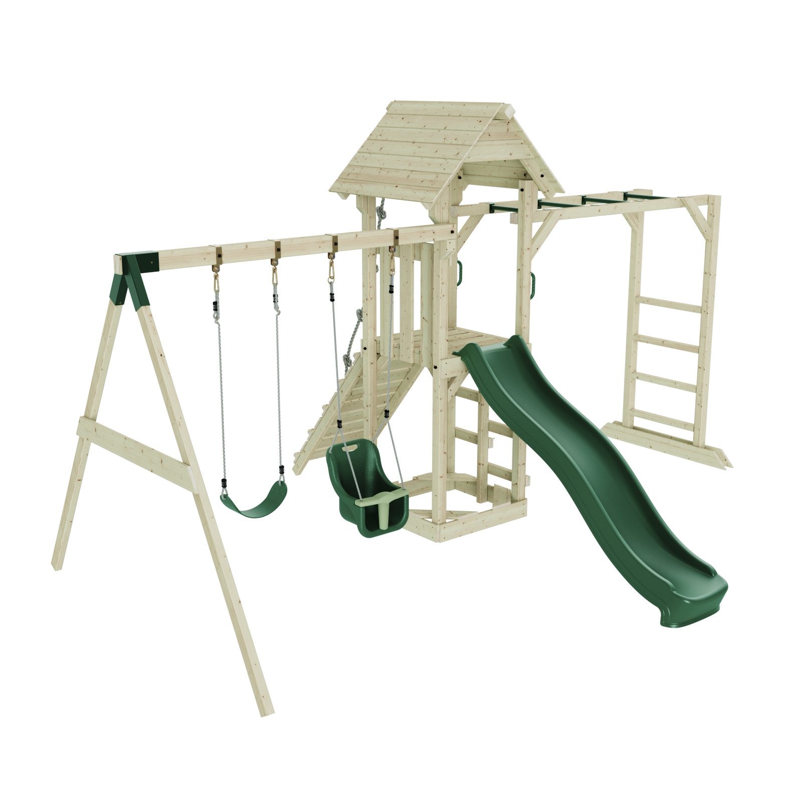 OutdoorToys Spielturm Örebro, aus Holz in Dunkelgrün mit Babyschaukel & Rutsche
