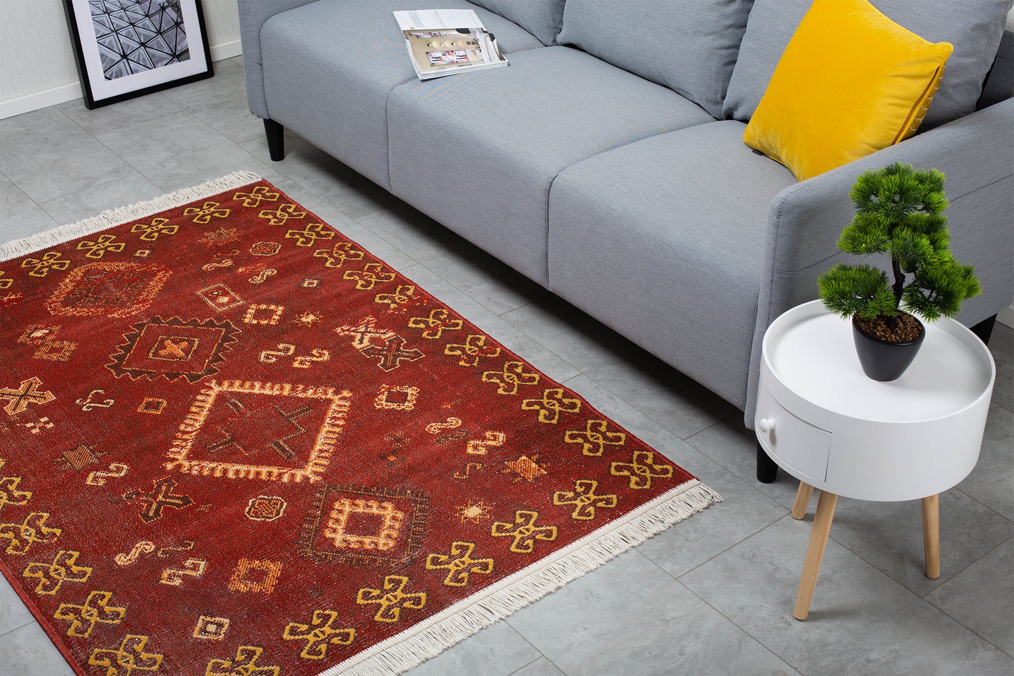 Teppich Fransenteppich LUIS DomDeco Kunstfaser, im recycelte - Ethno-Stil faltbar Wohnzimmer/Schlafzimmer/Esszimmer, Rot, flexibel für & und Baumwolle