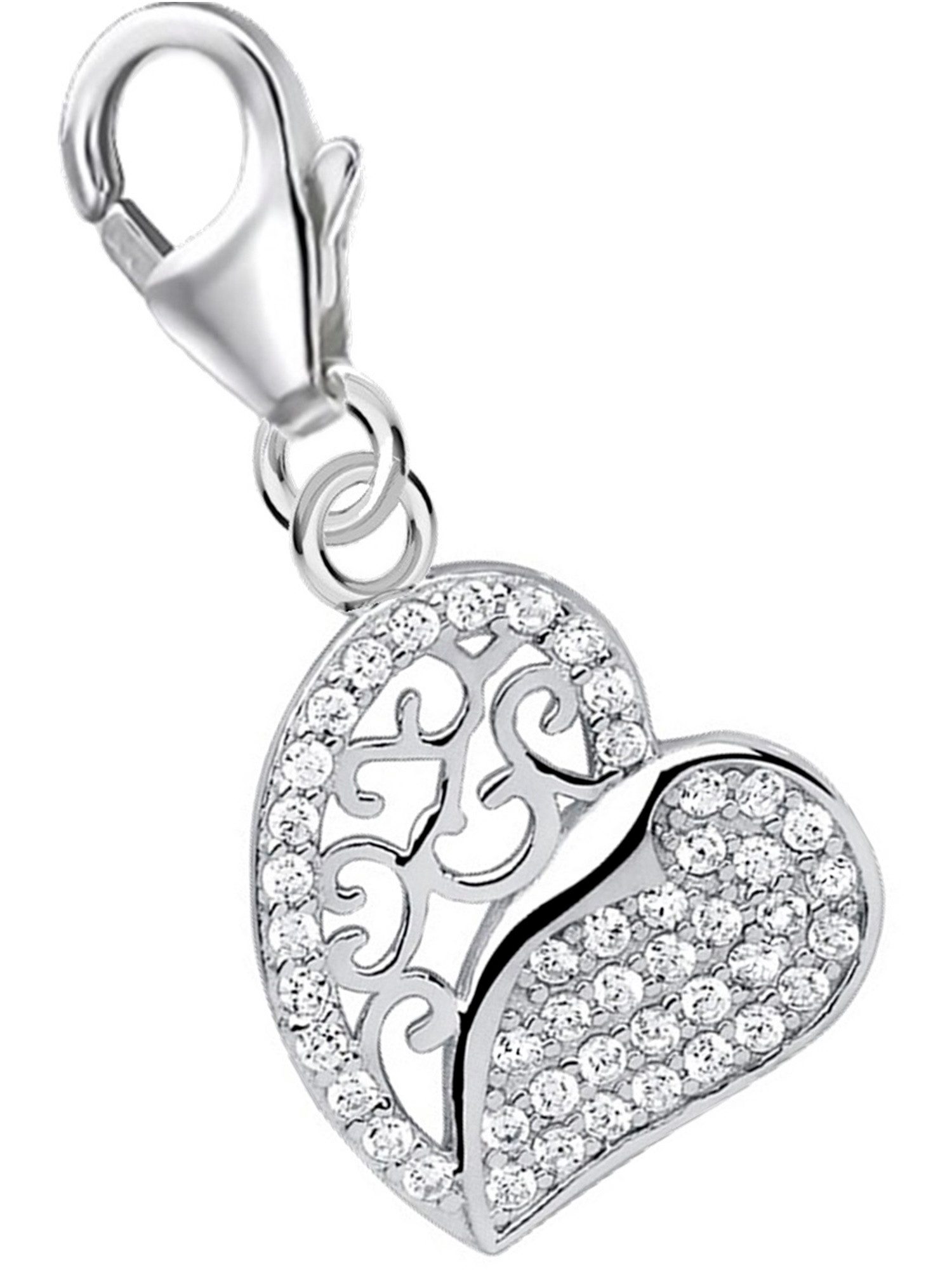 Goldene Hufeisen Charm Herz Charm Anhänger Herz Zirkonia 925 Sterling-Silber (1 Stück, inkl. Etui), rhodiniert