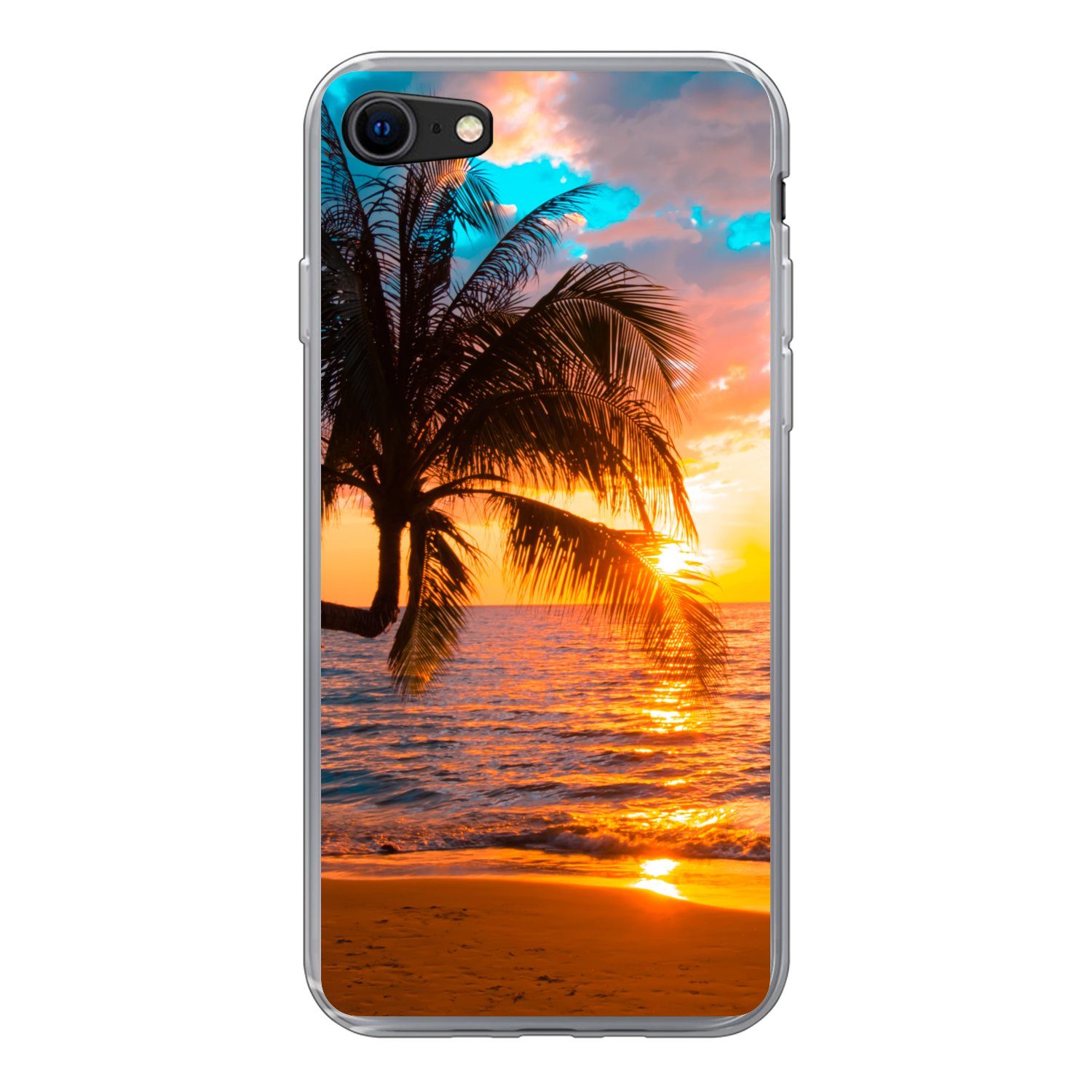 MuchoWow Handyhülle für Apple iPhone 7 Palme - Sonnenuntergang - Horizont - Strand - Meer, Smartphone-Bumper, Print, Handy Schutzhülle Dünn