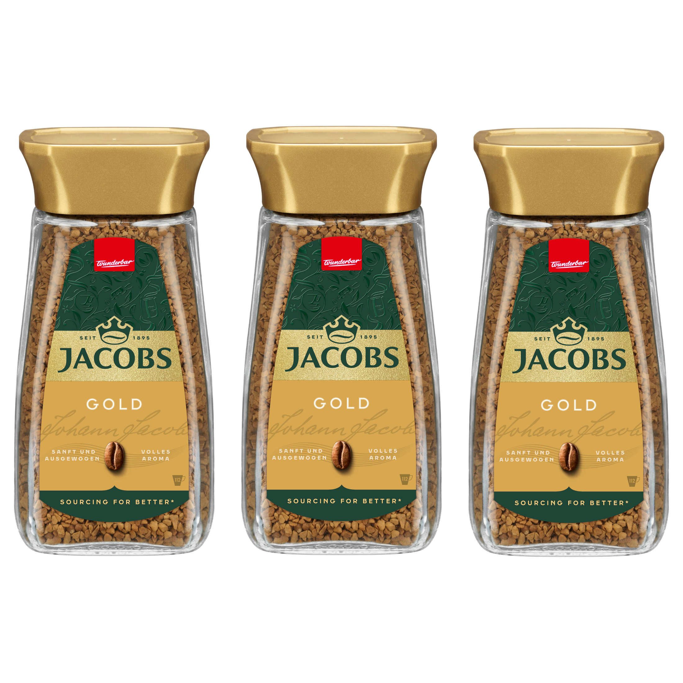 JACOBS Kaffee Löskaffee Gold Instantkaffee 3 x 200 g Gläser Milder Löskaffeegenuss, 600 g, (Packung, 3er Pack)