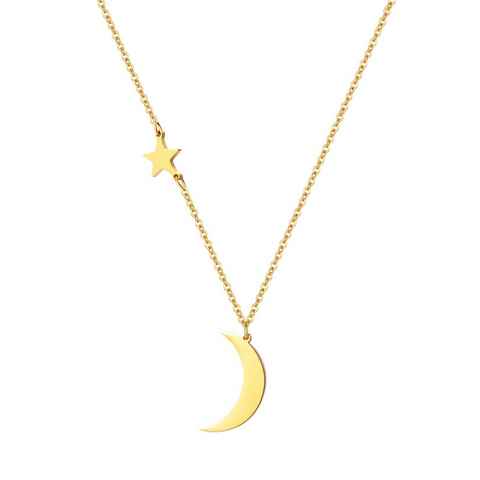 Hey Happiness Edelstahlkette Damen Mond Stern Anhänger, 18K Roségold vergoldet, Edelstahl Halskette mit Charm Halb Mond und Stern, wasserfest