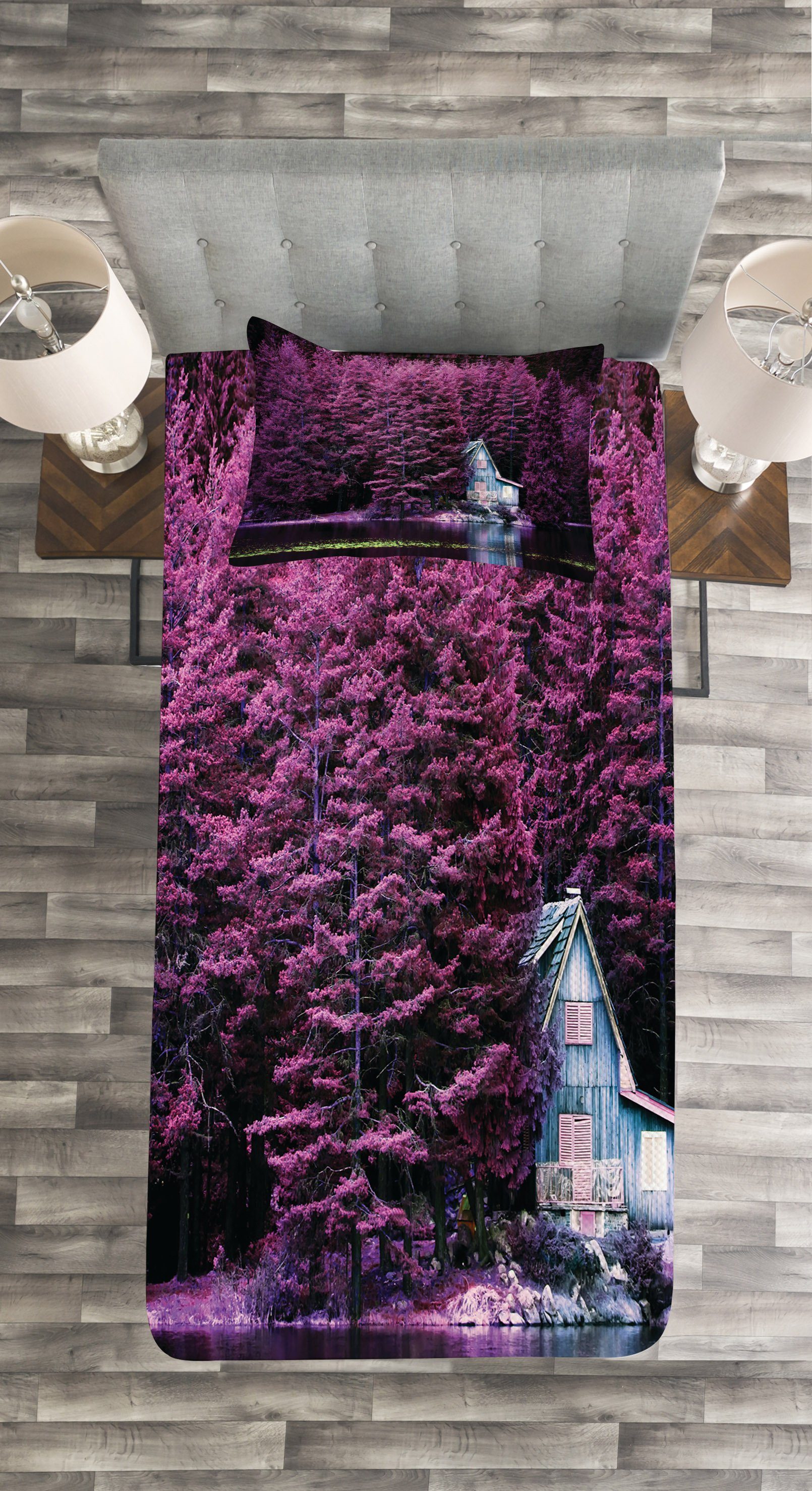 Lila See Kissenbezügen mit Lavendel Bäume Set Tagesdecke durch Waschbar, Abakuhaus,