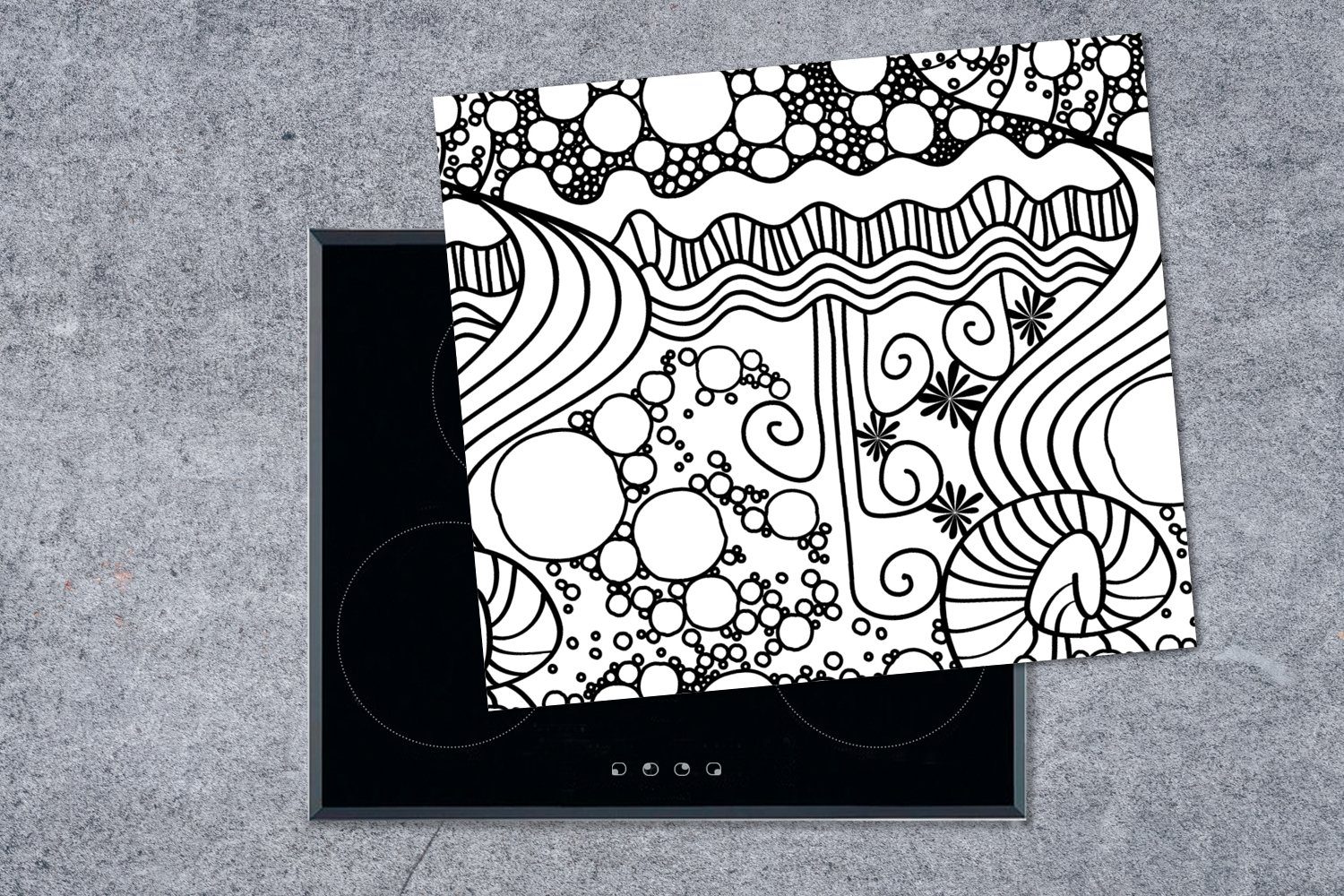 MuchoWow Herdblende-/Abdeckplatte (1 Mobile - Schwarz Arbeitsfläche Weiß, Abstrakt Vinyl, nutzbar, cm, - Linienkunst - 60x52 und tlg), Muster Ceranfeldabdeckung