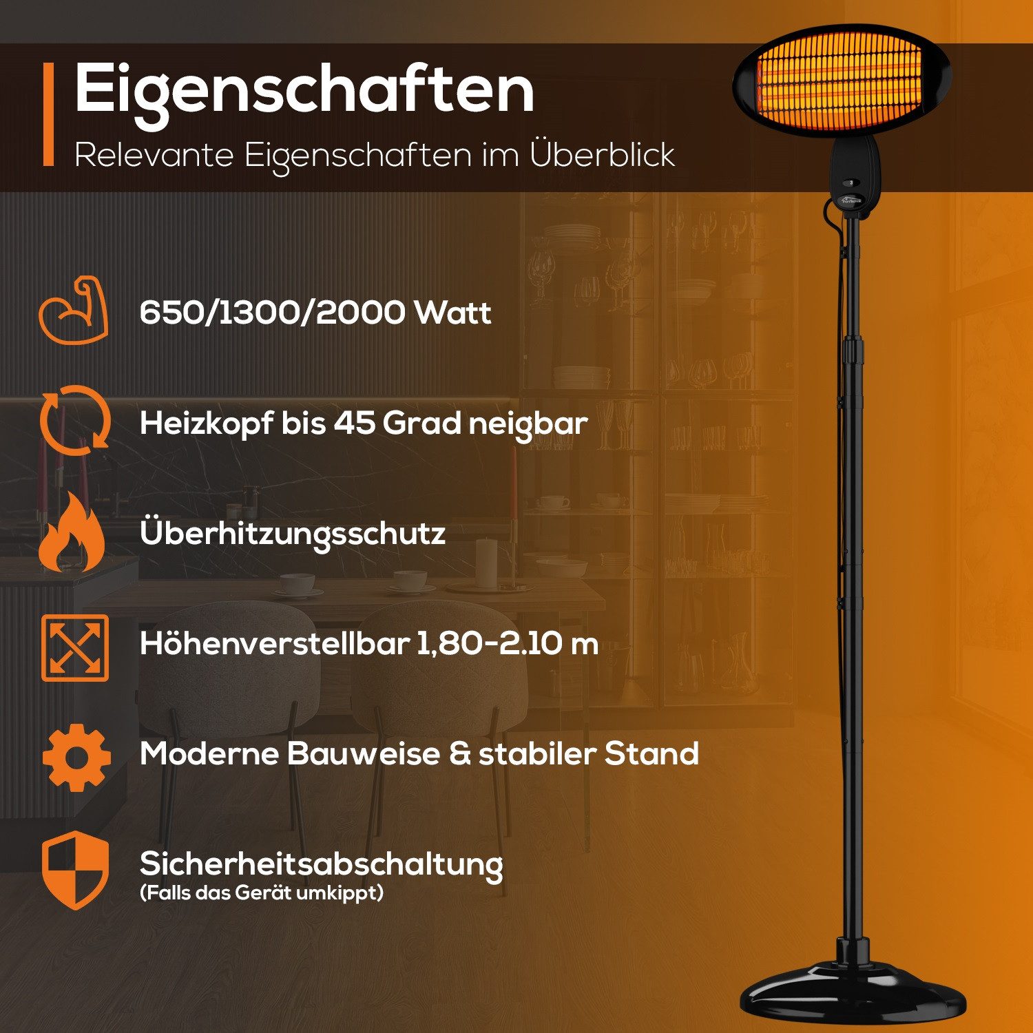 TroniTechnik Heizgerät Heizstrahler Standstrahler TH 2020, Wärmelampe, Standfuß, Verstellbar, 2000 W, drei Heizstufen, Überhitzungsschutz und Abschaltautomatik